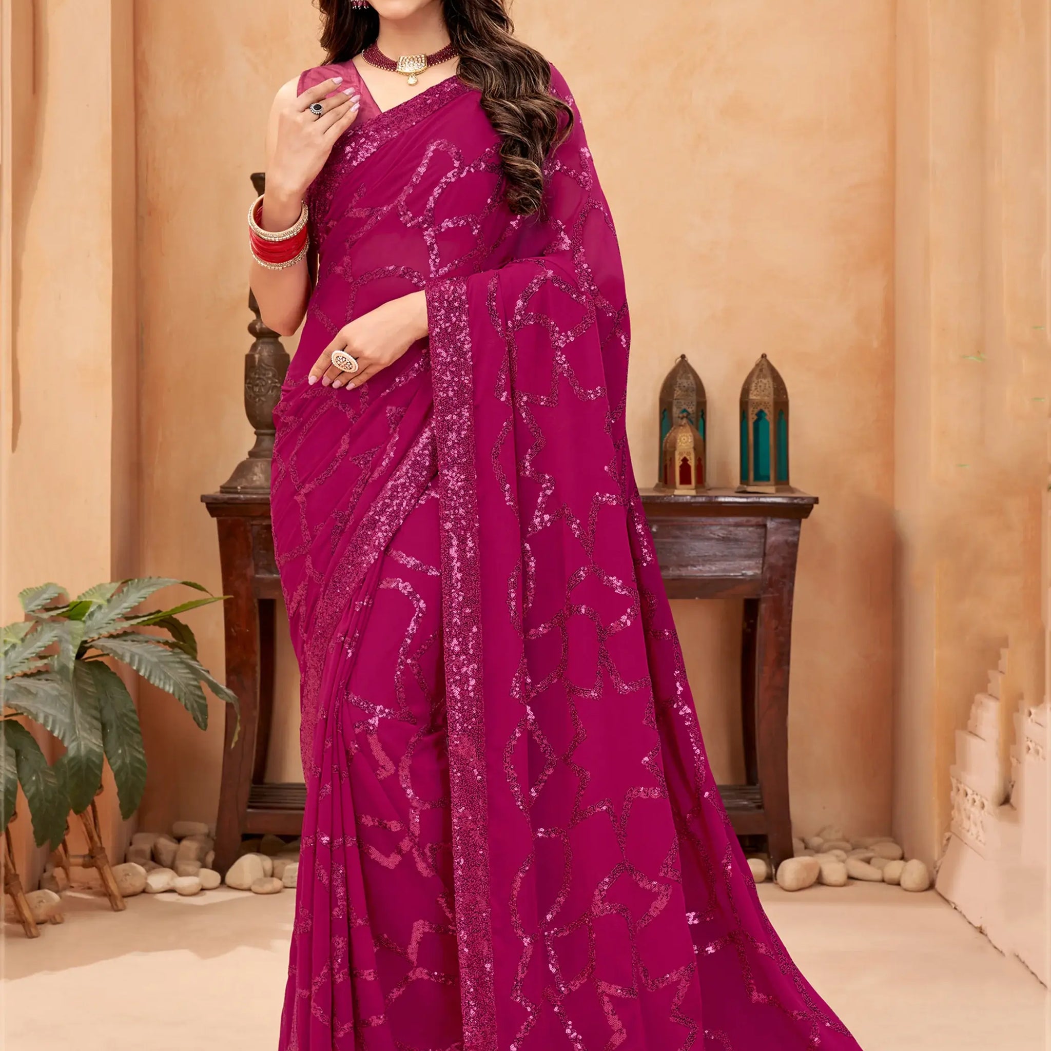 Fantastic Magenta Sequins Georgette Reception Wear Saree With Blouse - Zeel Clothing