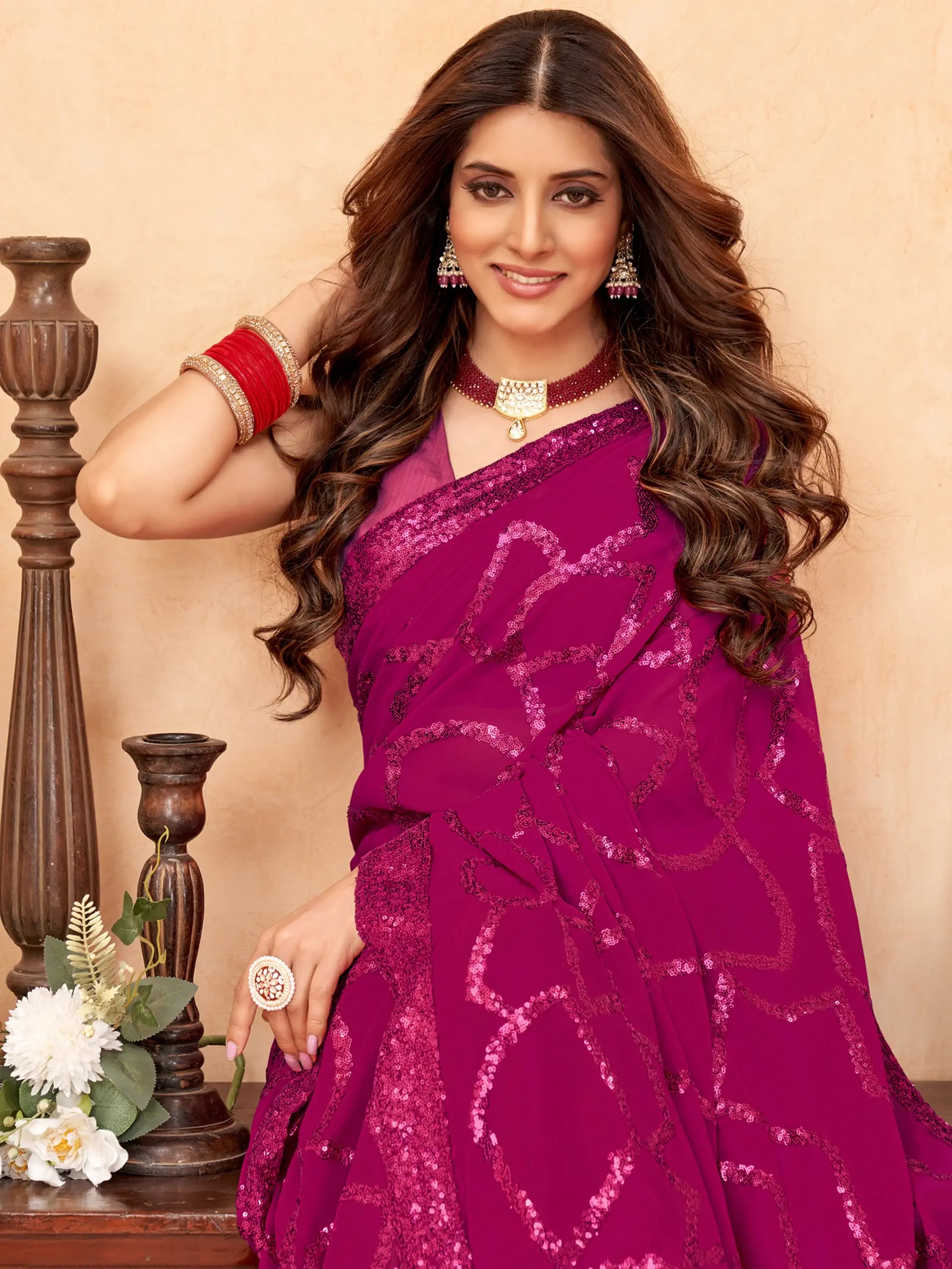 Fantastic Magenta Sequins Georgette Reception Wear Saree With Blouse - Zeel Clothing