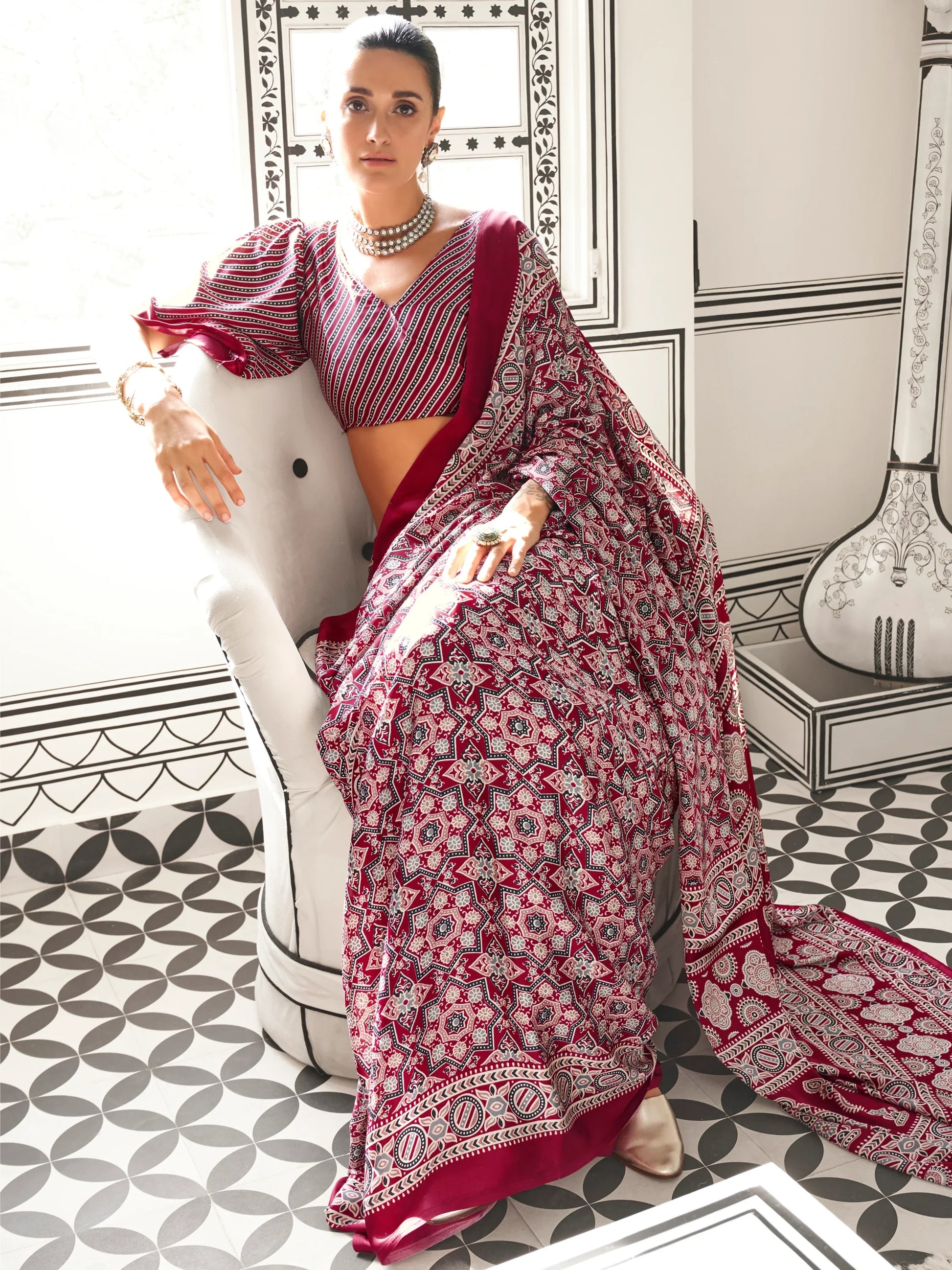 Fantastic Maroon Digital Printed Satin Event Wear Saree With Blouse - Zeel Clothing