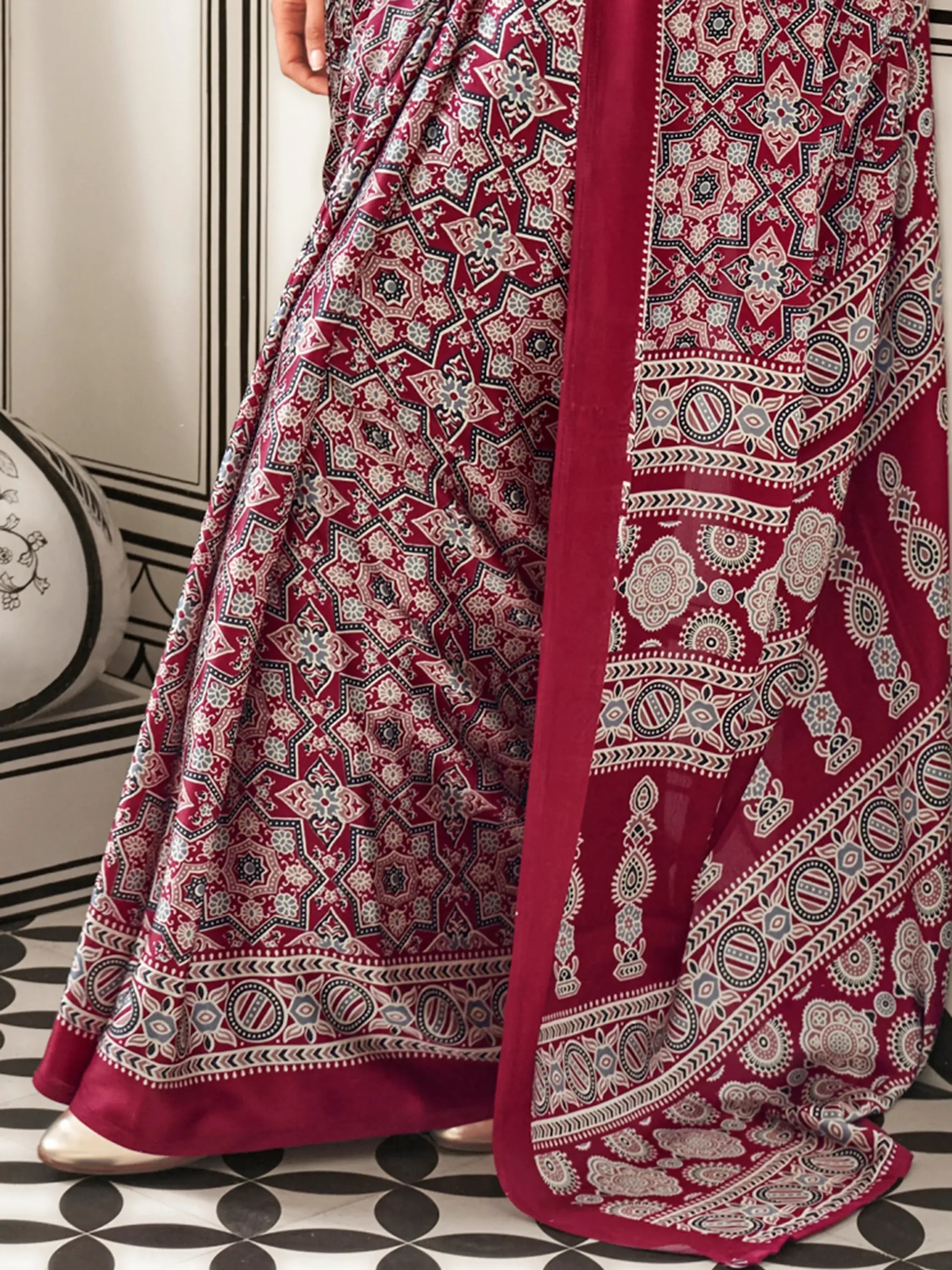 Fantastic Maroon Digital Printed Satin Event Wear Saree With Blouse - Zeel Clothing