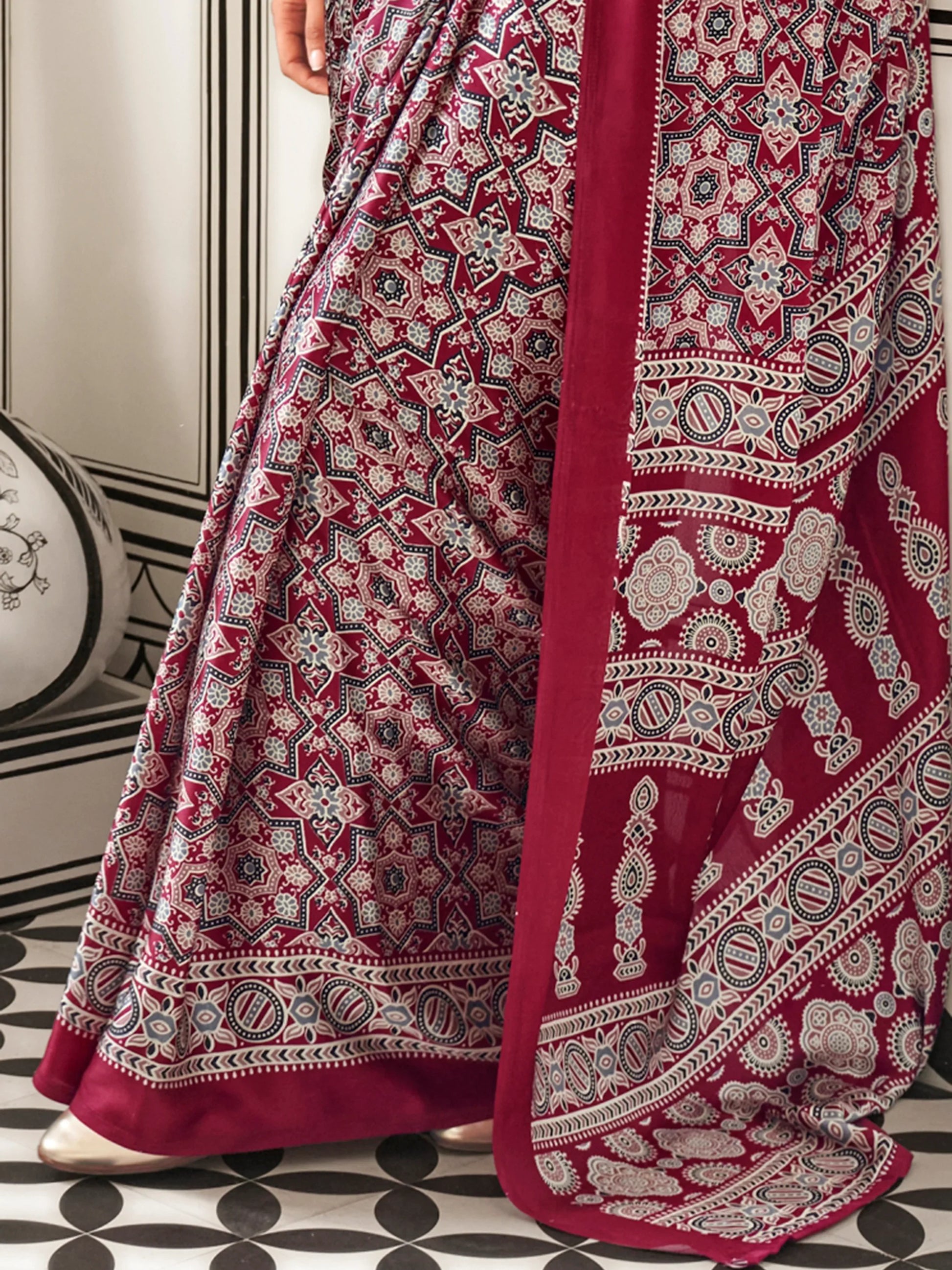 Fantastic Maroon Digital Printed Satin Event Wear Saree With Blouse - Zeel Clothing