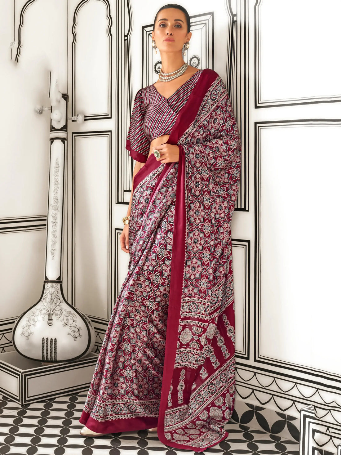 Fantastic Maroon Digital Printed Satin Event Wear Saree With Blouse - Zeel Clothing