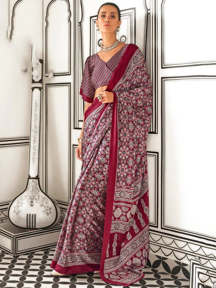 Fantastic Maroon Digital Printed Satin Event Wear Saree With Blouse - Zeel Clothing