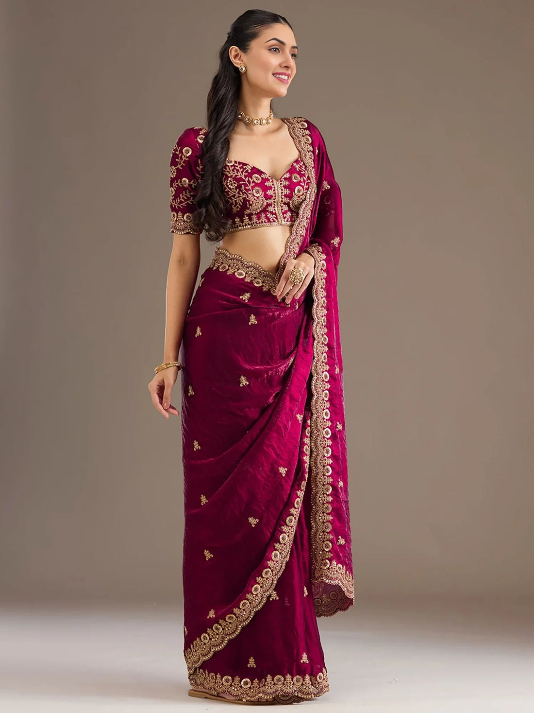 Fantastic Maroon Sequins Embroidered Tissue Bridal Saree With Blouse