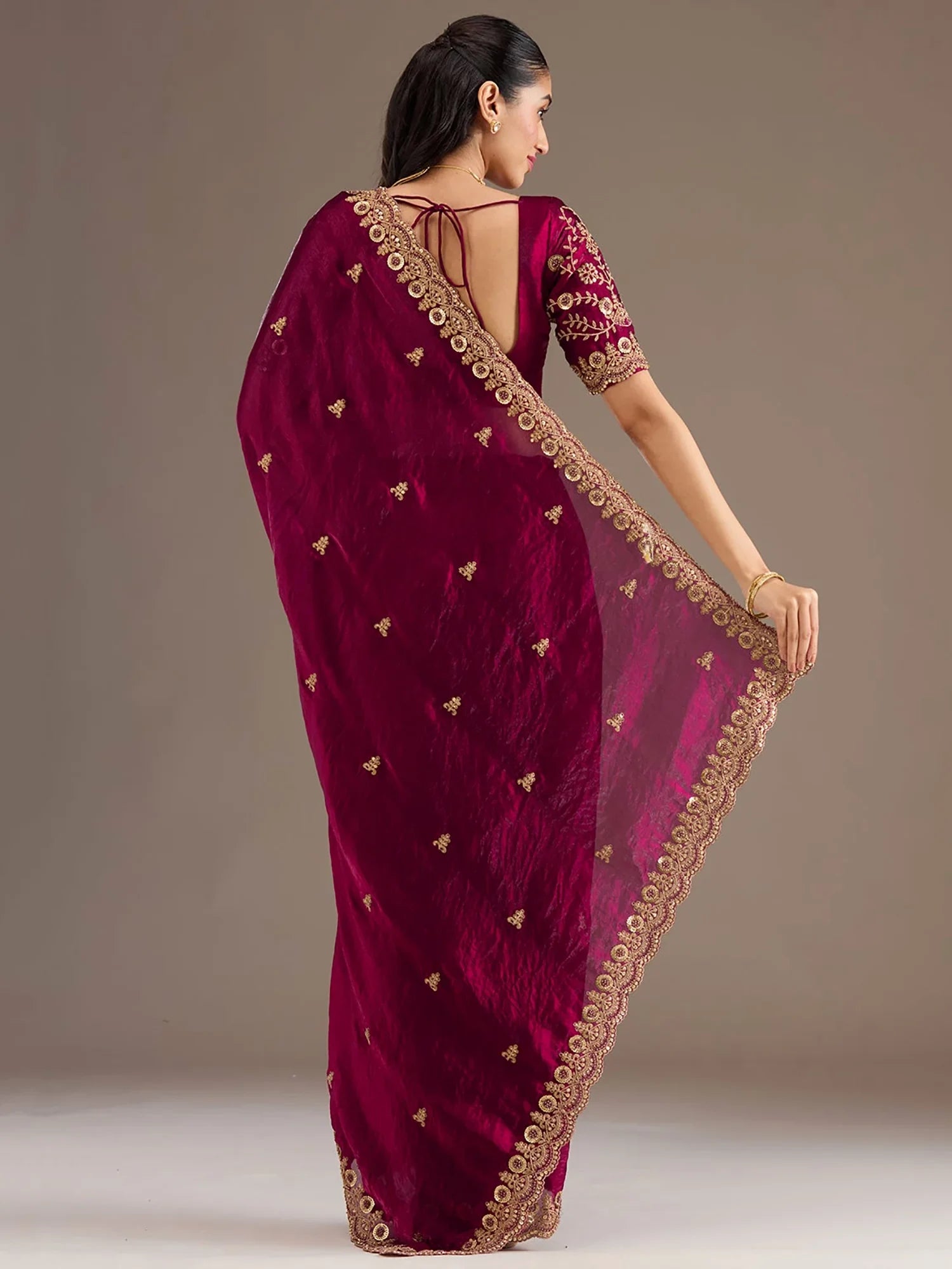 Fantastic Maroon Sequins Embroidered Tissue Bridal Saree With Blouse