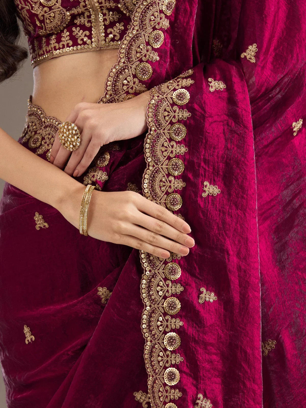 Fantastic Maroon Sequins Embroidered Tissue Bridal Saree With Blouse