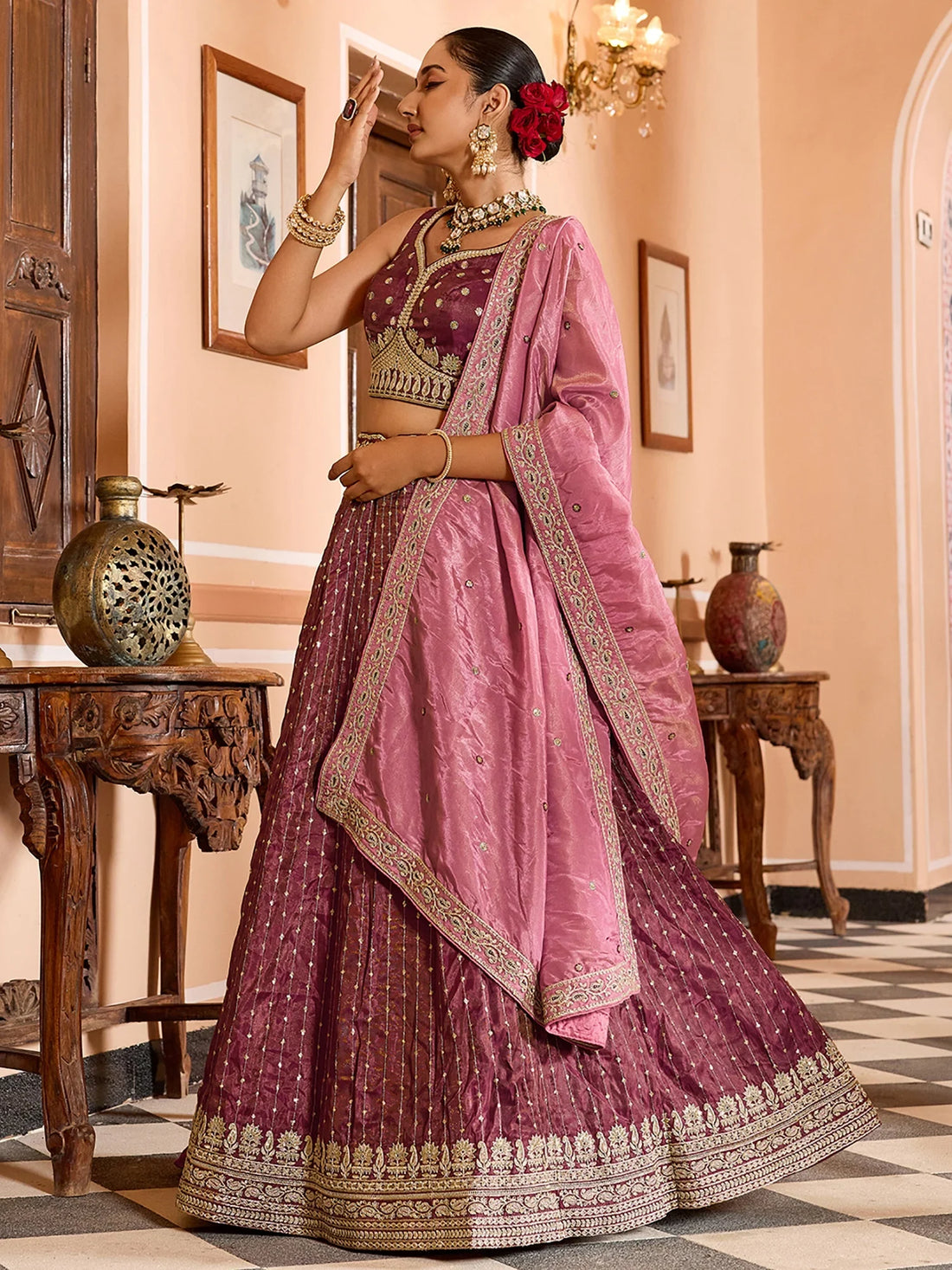 Fantastic Maroon Sequins Tissue Traditional Lehenga Choli With Dupatta