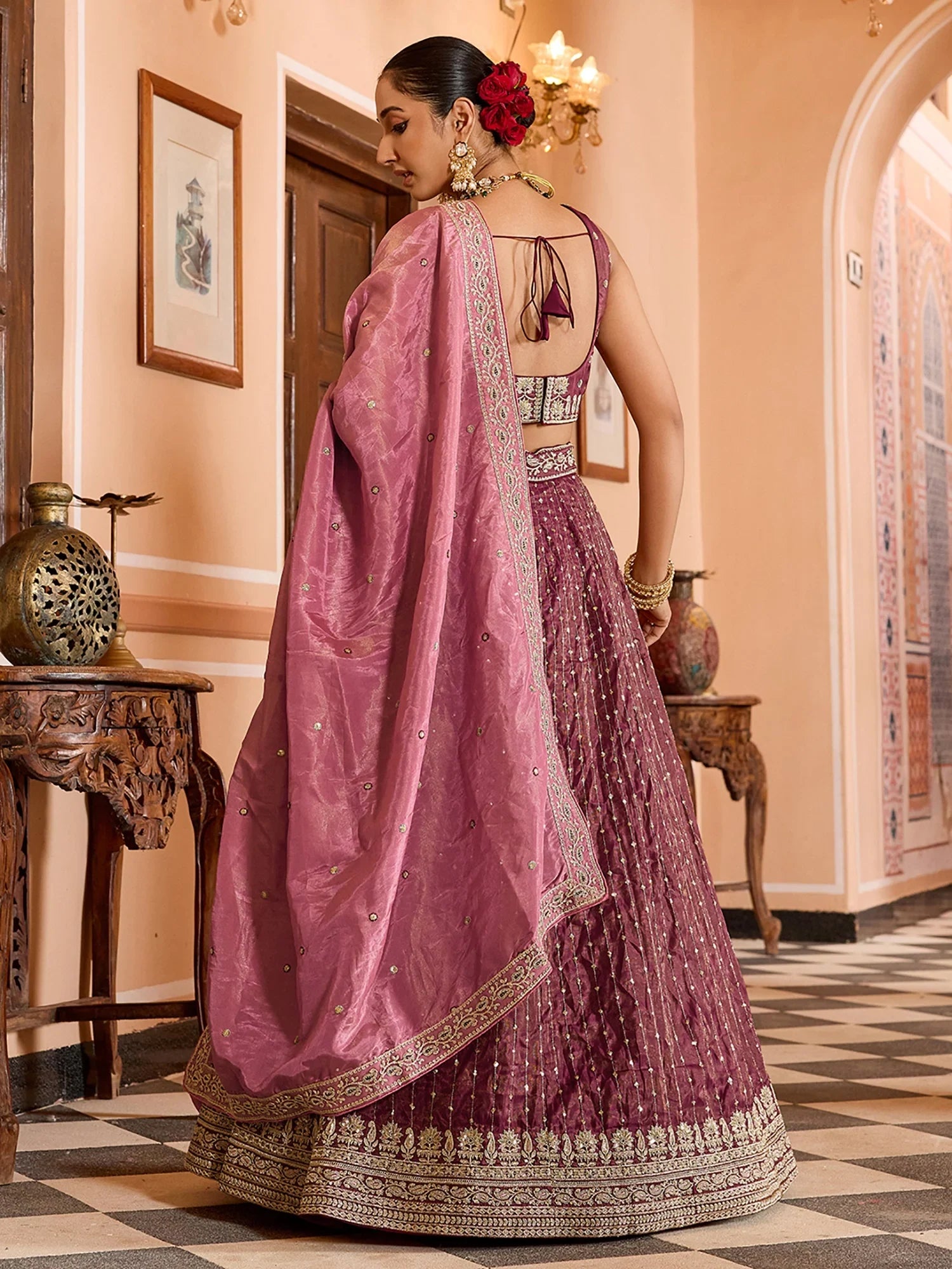 Fantastic Maroon Sequins Tissue Traditional Lehenga Choli With Dupatta