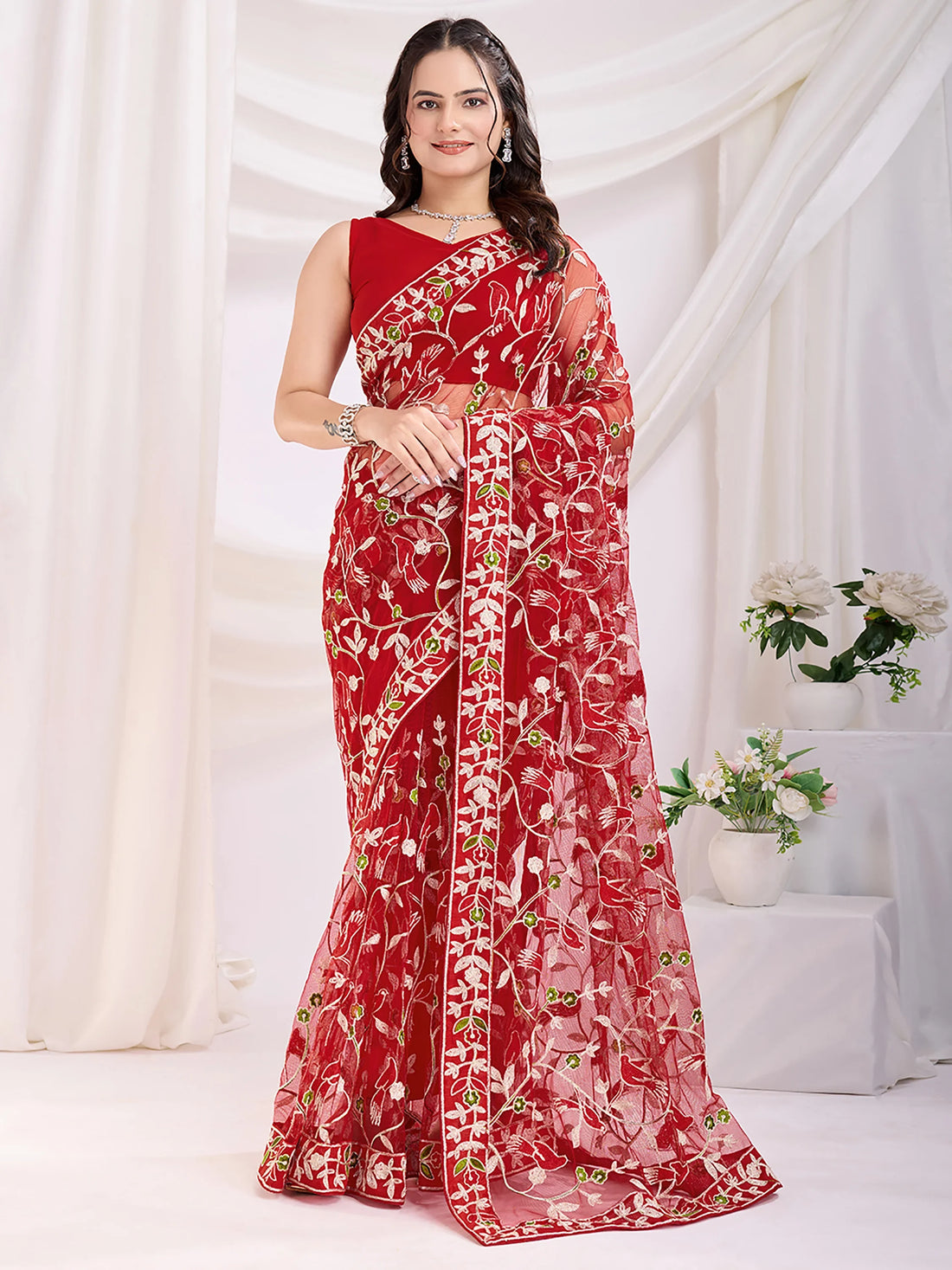 Fantastic Maroon Thread Embroidery Net Festive Wear Saree - Zeel Clothing