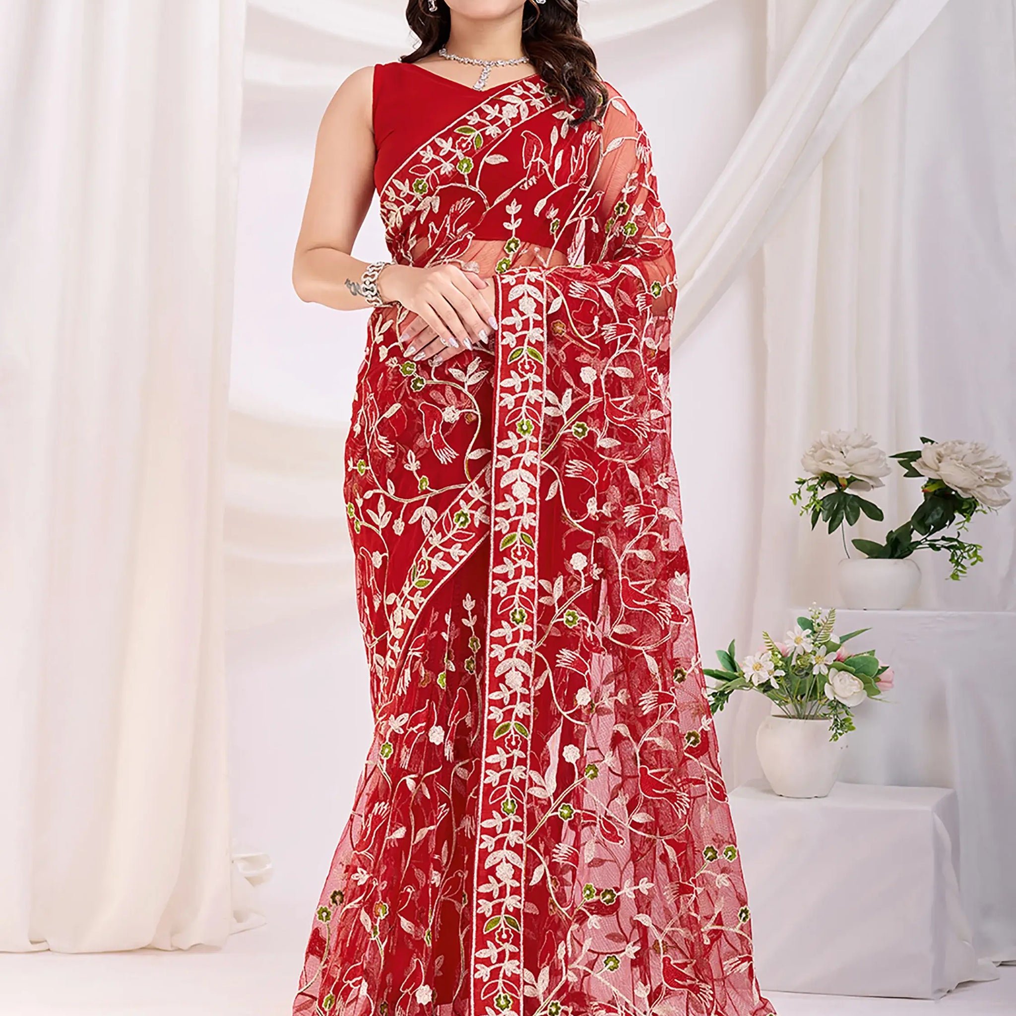 Fantastic Maroon Thread Embroidery Net Festive Wear Saree - Zeel Clothing