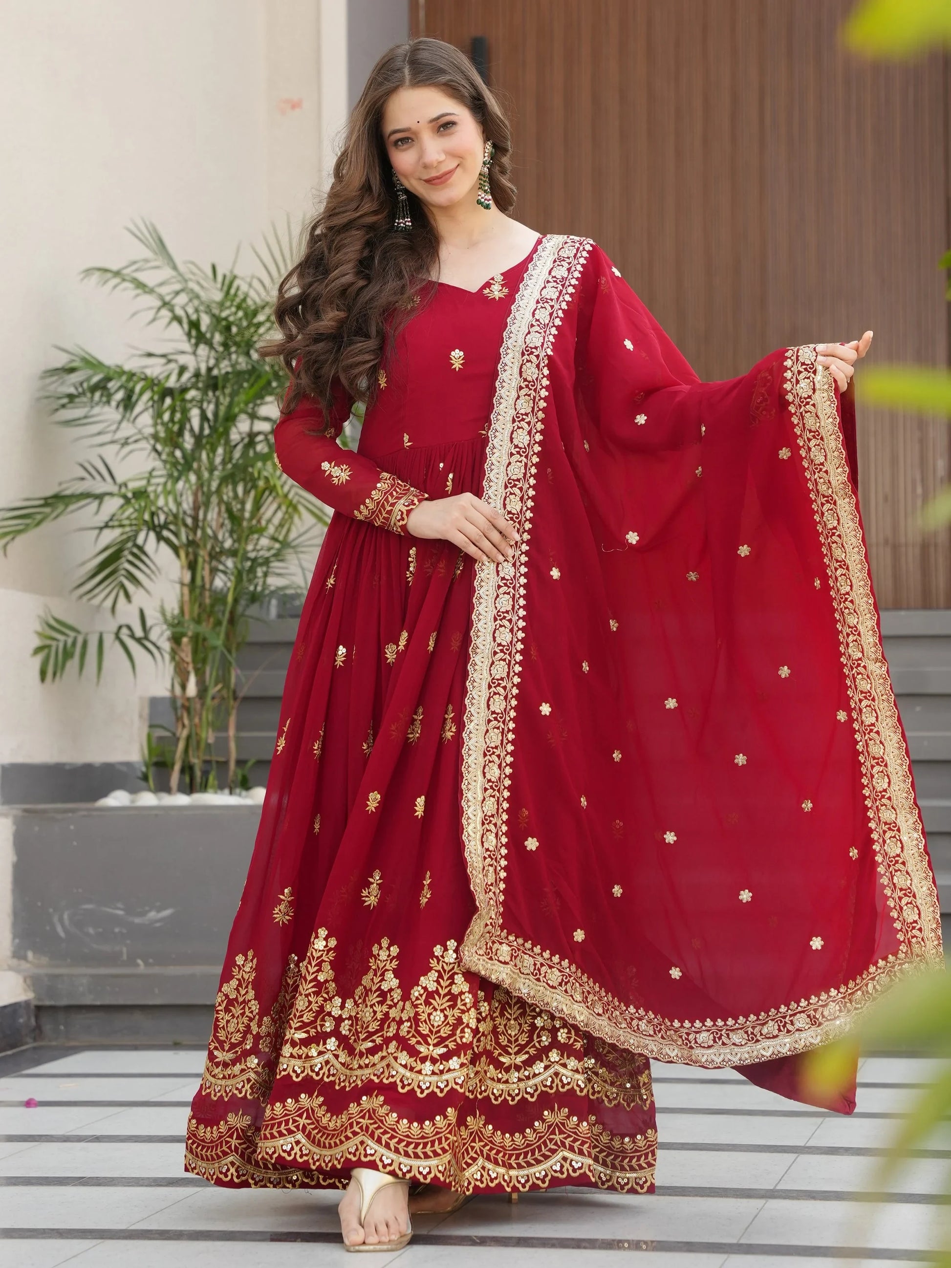 Fantastic Maroon Zari Work Georgette Wedding Wear Gown With Dupatta