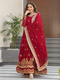 Fantastic Maroon Zari Work Georgette Wedding Wear Gown With Dupatta