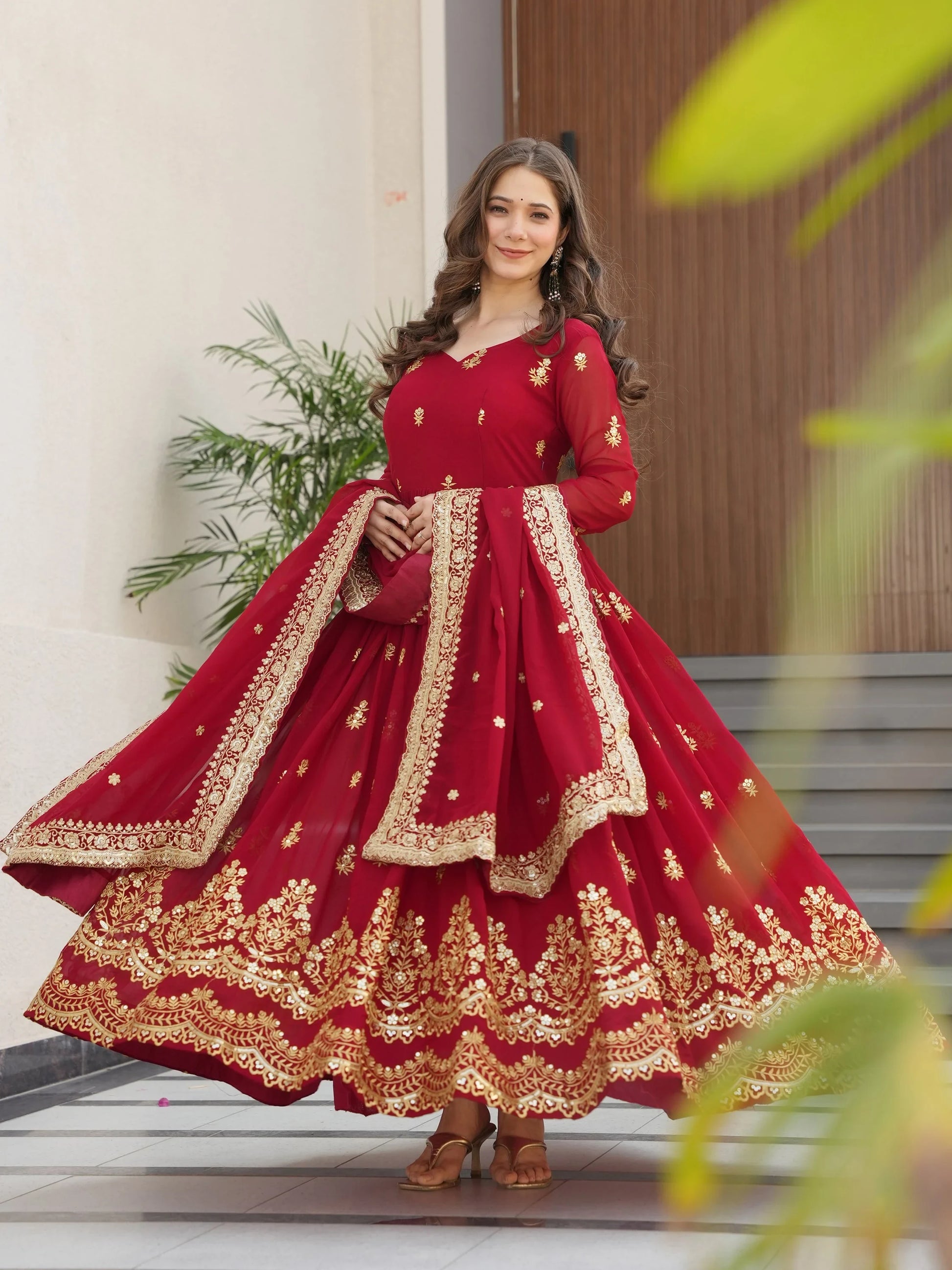 Fantastic Maroon Zari Work Georgette Wedding Wear Gown With Dupatta