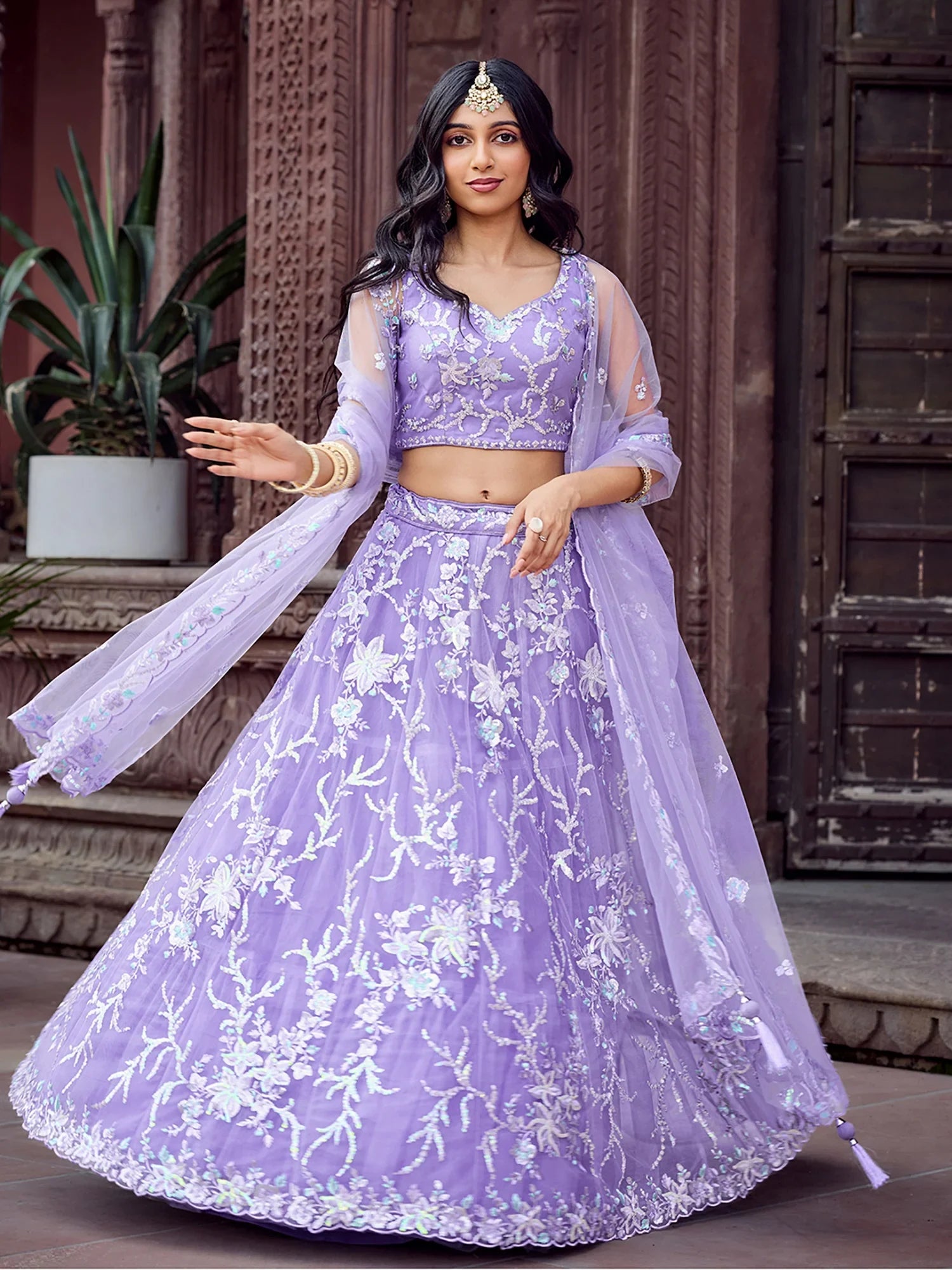 Fantastic Mauve Embroidered Net Sangeet Wear Lehenga Choli With Dupatta