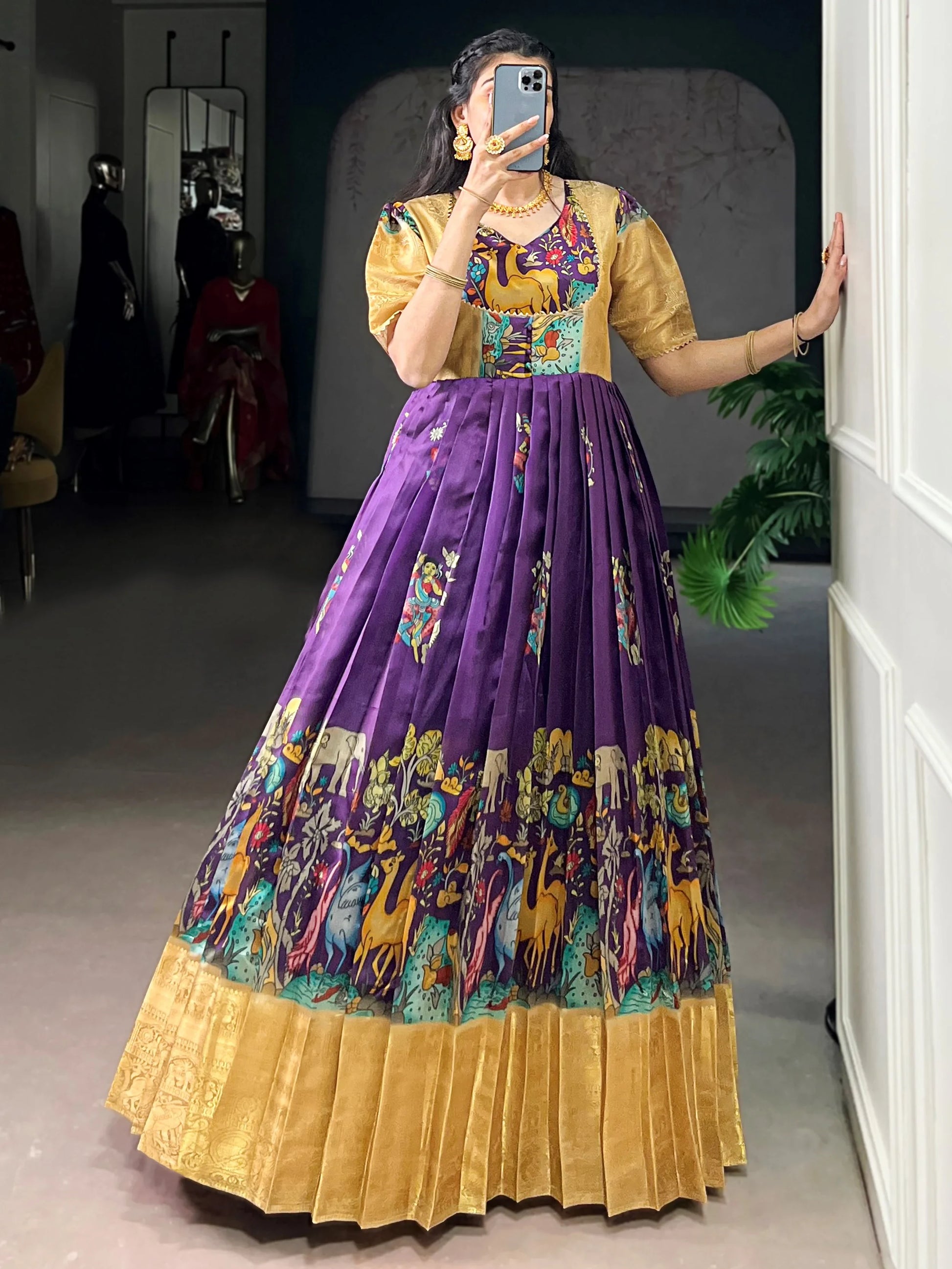 Fantastic Multi-Color Pichwai Printed Silk Traditional Gown