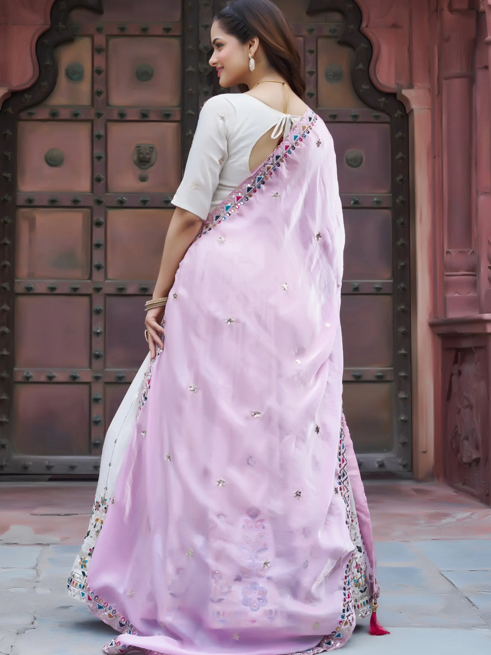 Fantastic Off-White Floral Embroidery Tissue Designer Lehenga Choli With Pink Dupatta