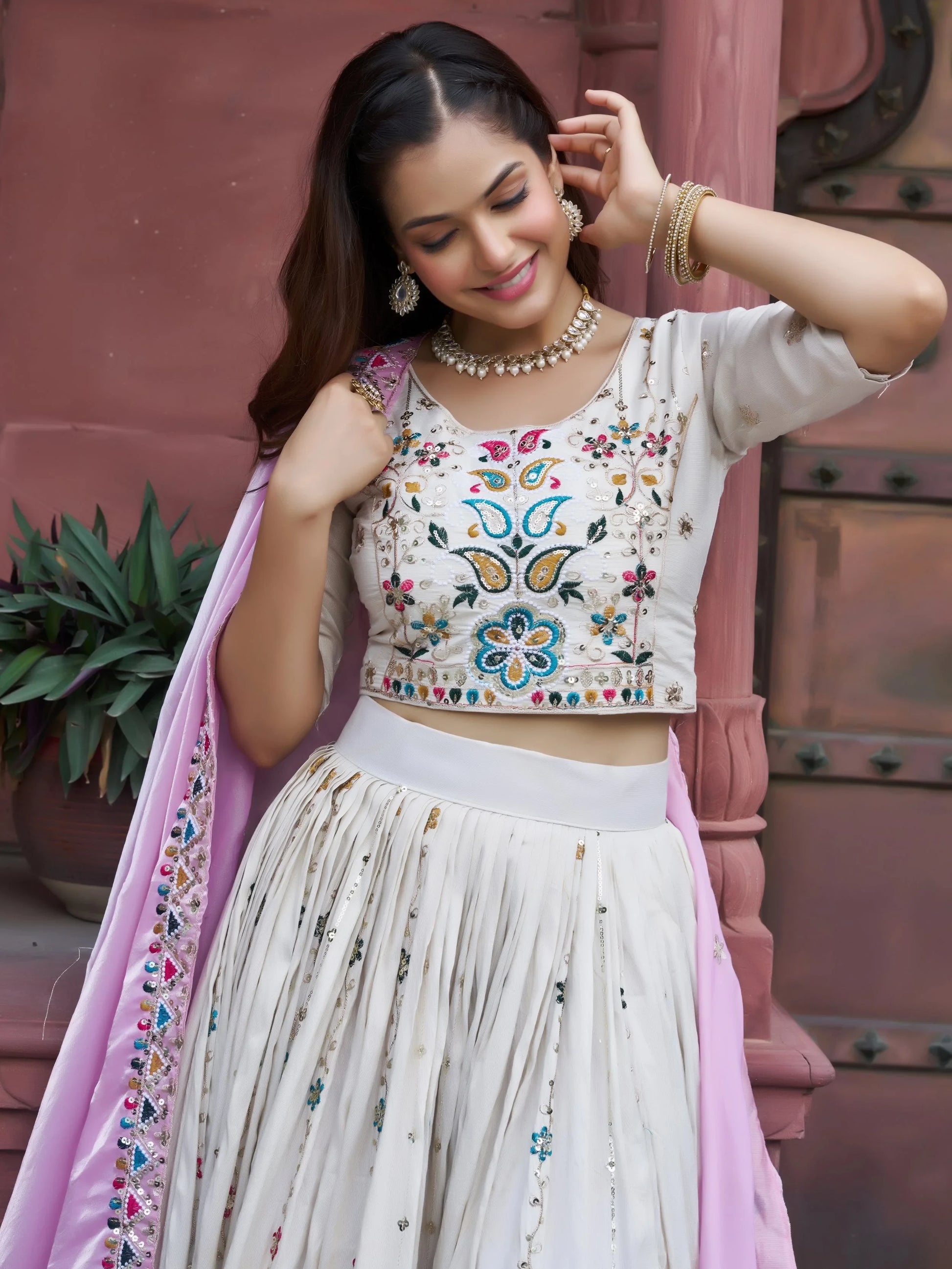 Fantastic Off-White Floral Embroidery Tissue Designer Lehenga Choli With Pink Dupatta