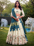 Fantastic Off-White Thread Work Cotton Lehenga Choli With Teal Blue Dupatta - Zeel Clothing