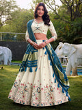 Fantastic Off-White Thread Work Cotton Lehenga Choli With Teal Blue Dupatta - Zeel Clothing