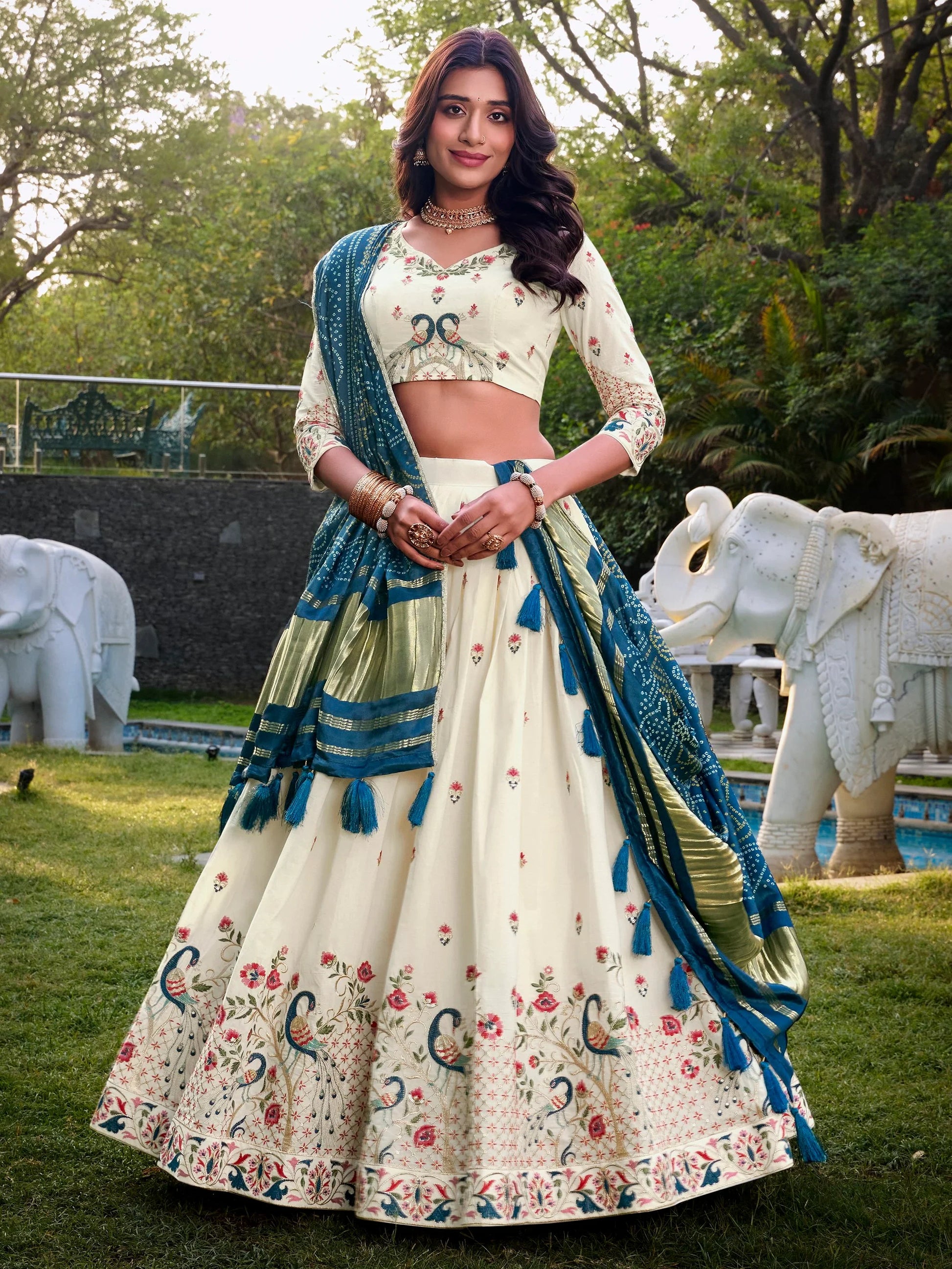 Fantastic Off-White Thread Work Cotton Lehenga Choli With Teal Blue Dupatta - Zeel Clothing