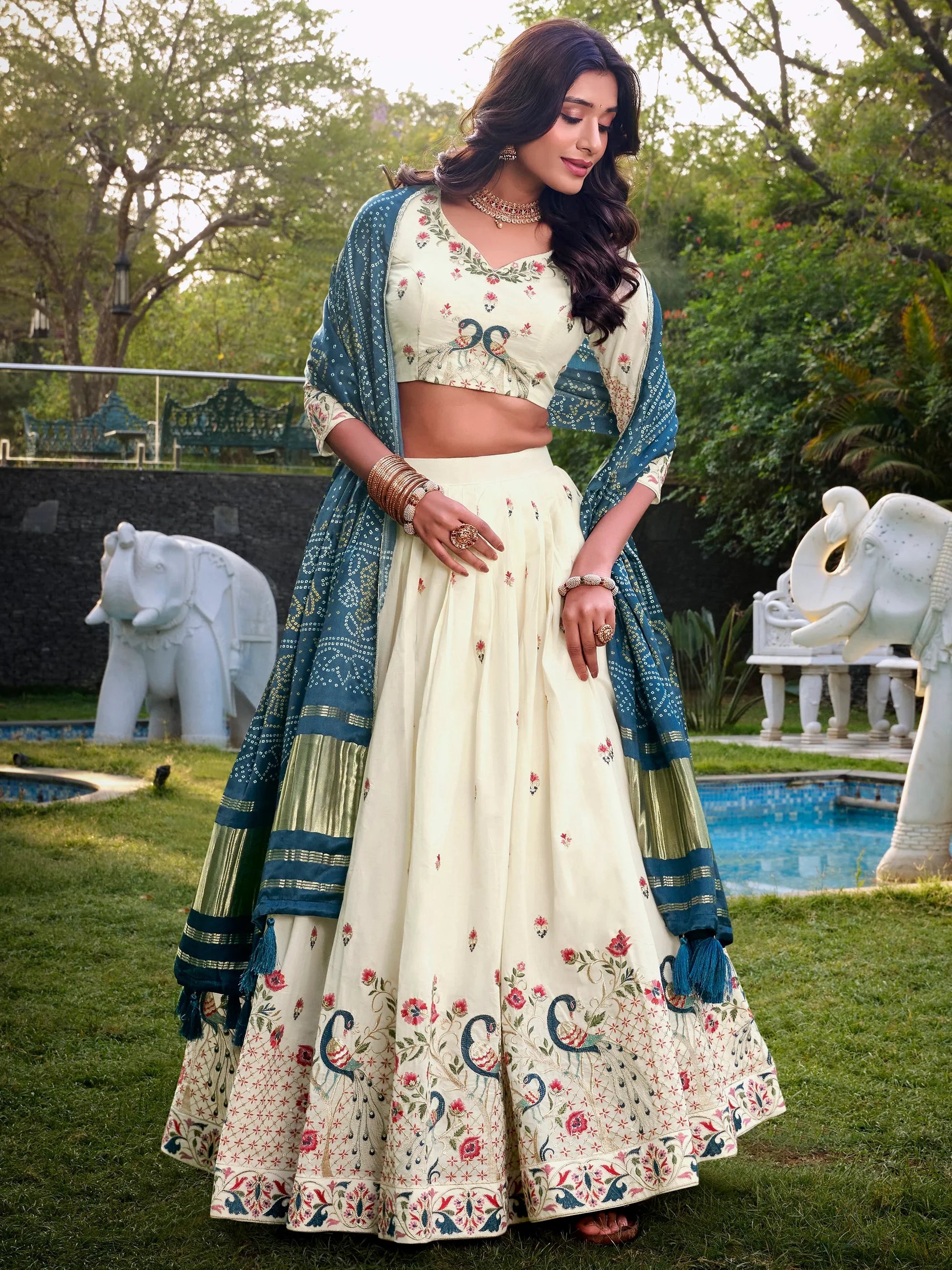 Fantastic Off-White Thread Work Cotton Lehenga Choli With Teal Blue Dupatta - Zeel Clothing