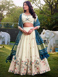 Fantastic Off-White Thread Work Cotton Lehenga Choli With Teal Blue Dupatta - Zeel Clothing