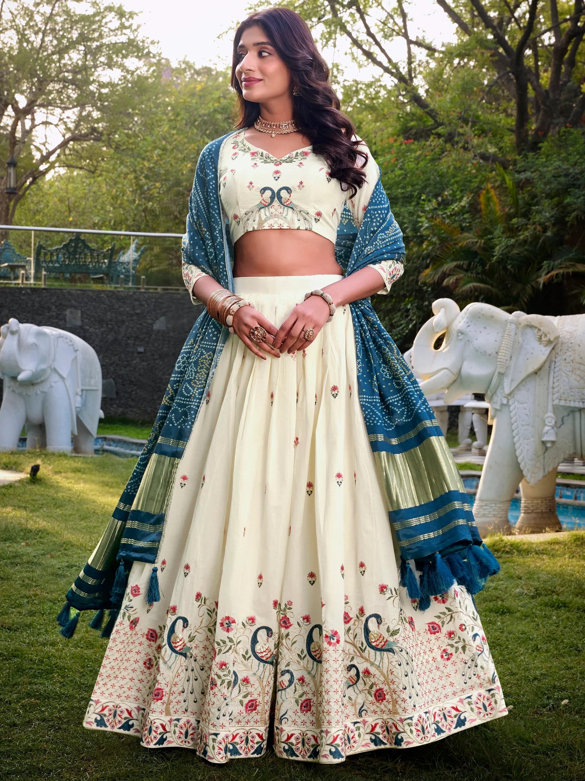 Fantastic Off-White Thread Work Cotton Lehenga Choli With Teal Blue Dupatta - Zeel Clothing