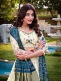 Fantastic Off-White Thread Work Cotton Lehenga Choli With Teal Blue Dupatta - Zeel Clothing