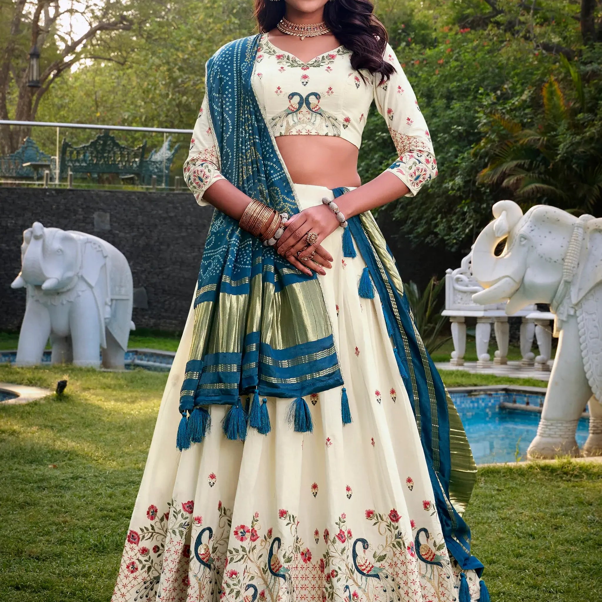 Fantastic Off-White Thread Work Cotton Lehenga Choli With Teal Blue Dupatta - Zeel Clothing