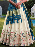 Fantastic Off-White Thread Work Cotton Lehenga Choli With Teal Blue Dupatta - Zeel Clothing