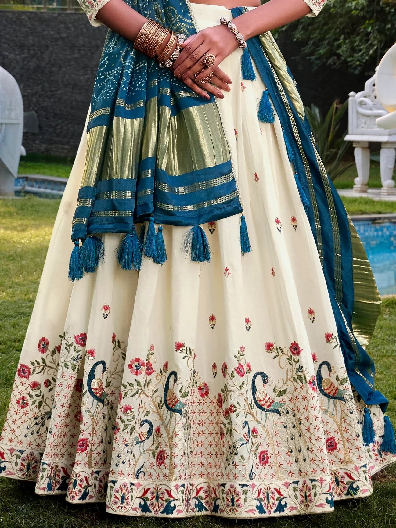 Fantastic Off-White Thread Work Cotton Lehenga Choli With Teal Blue Dupatta - Zeel Clothing