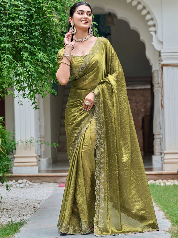 Fantastic Olive Green Diamond Work Silk Mehendi Wear Saree With Blouse - Zeel Clothing
