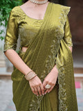 Fantastic Olive Green Diamond Work Silk Mehendi Wear Saree With Blouse - Zeel Clothing