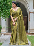 Fantastic Olive Green Diamond Work Silk Mehendi Wear Saree With Blouse - Zeel Clothing
