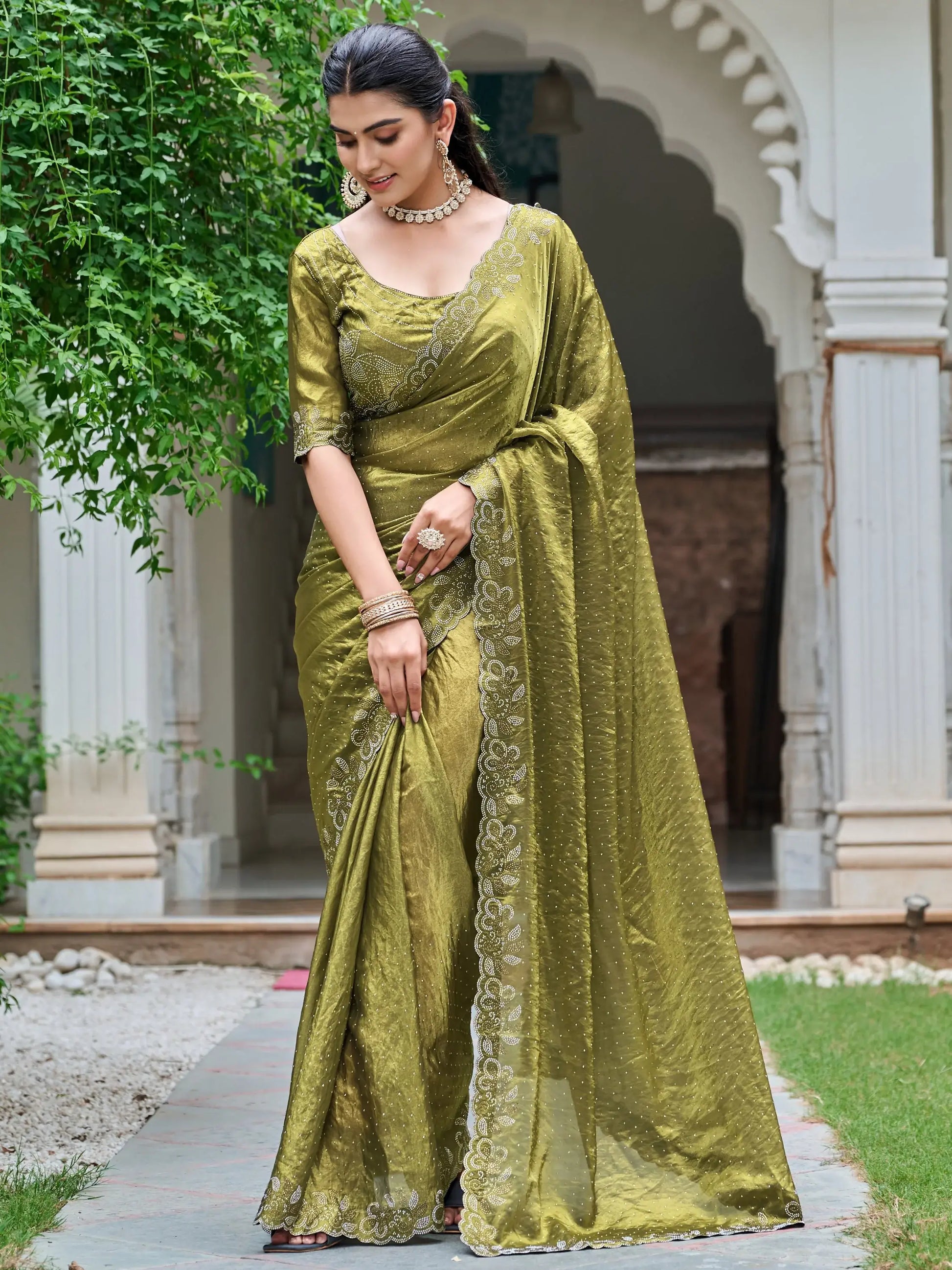 Fantastic Olive Green Diamond Work Silk Mehendi Wear Saree With Blouse - Zeel Clothing
