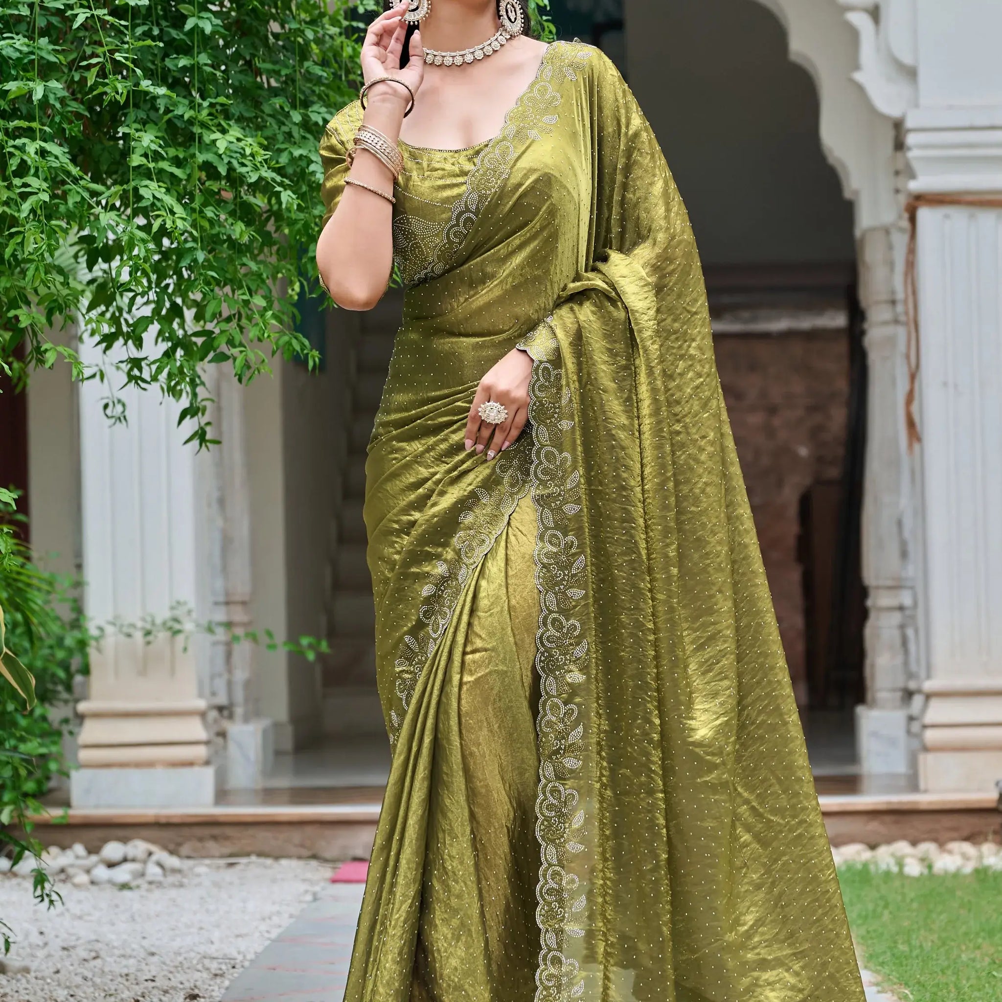 Fantastic Olive Green Diamond Work Silk Mehendi Wear Saree With Blouse - Zeel Clothing