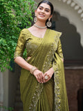 Fantastic Olive Green Diamond Work Silk Mehendi Wear Saree With Blouse - Zeel Clothing