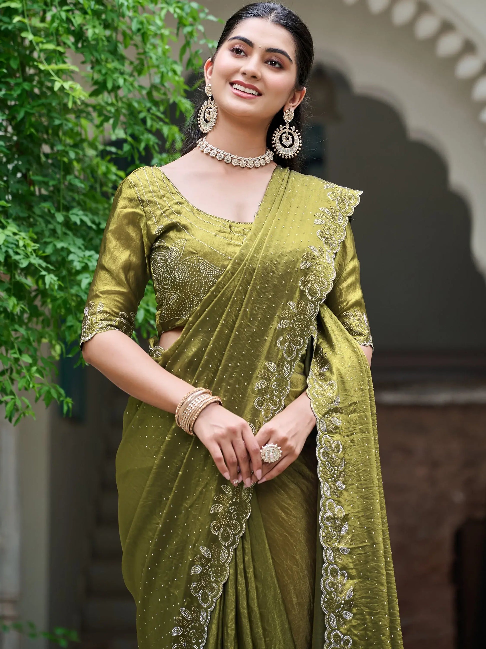 Fantastic Olive Green Diamond Work Silk Mehendi Wear Saree With Blouse - Zeel Clothing