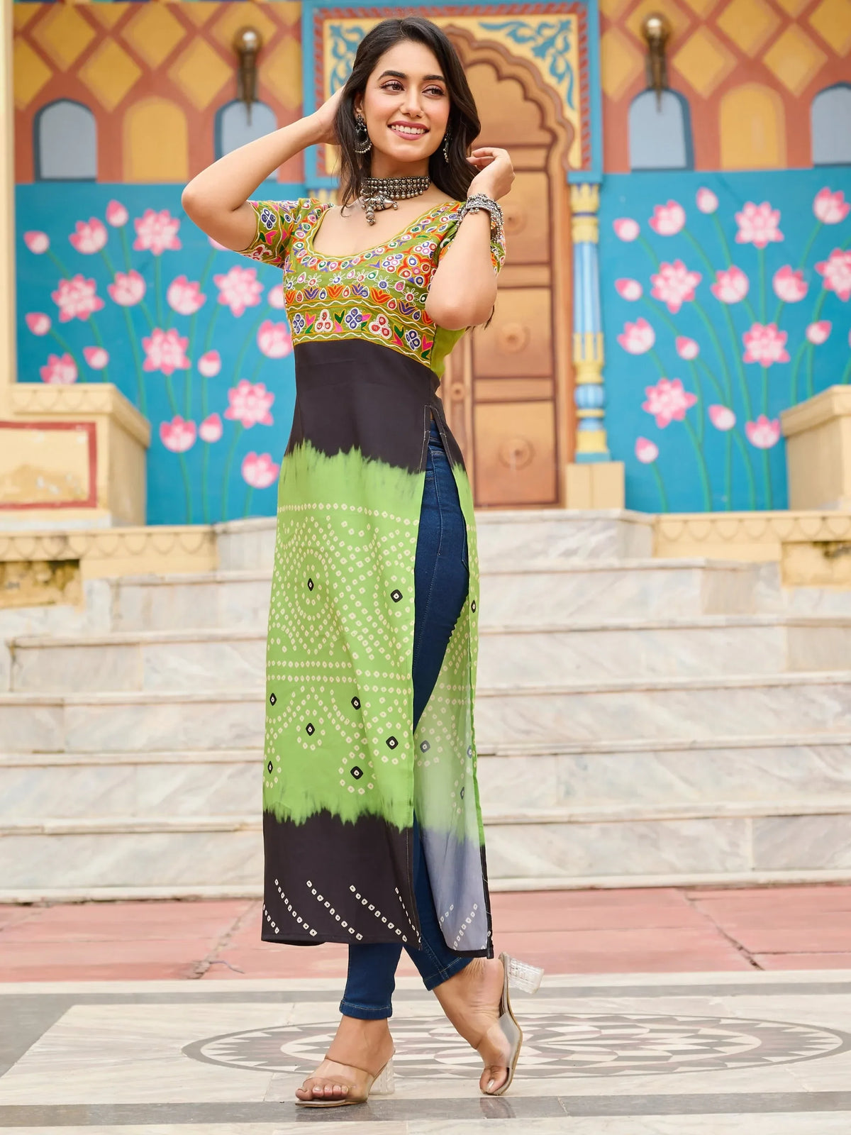 Fantastic Olive Green Kutchi Gamthi Work Georgette Festive Wear Long Kurti - Zeel Clothing