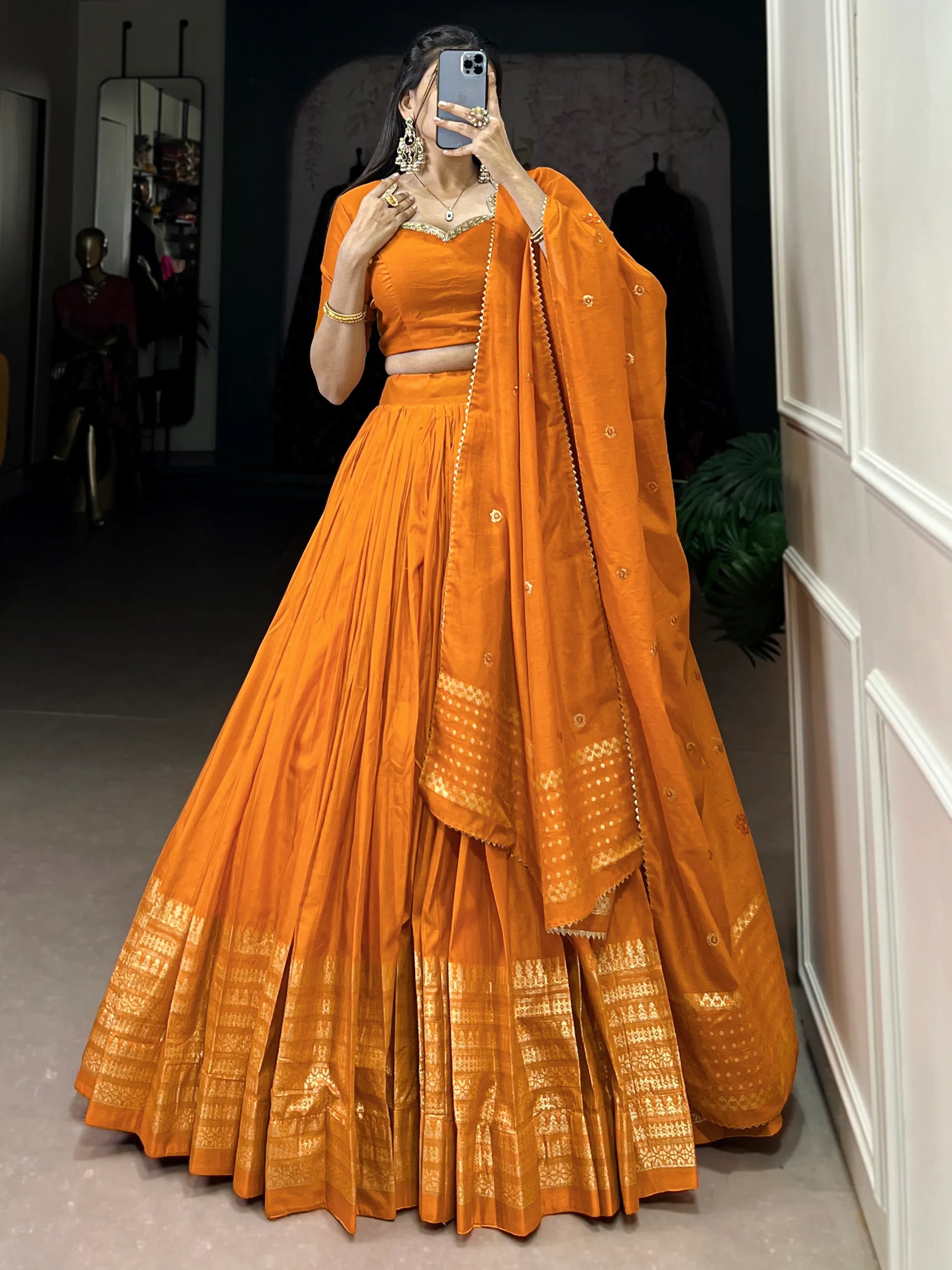 Fantastic Orange Chanderi Festival Wear Lehenga Choli With Dupatta - Zeel Clothing