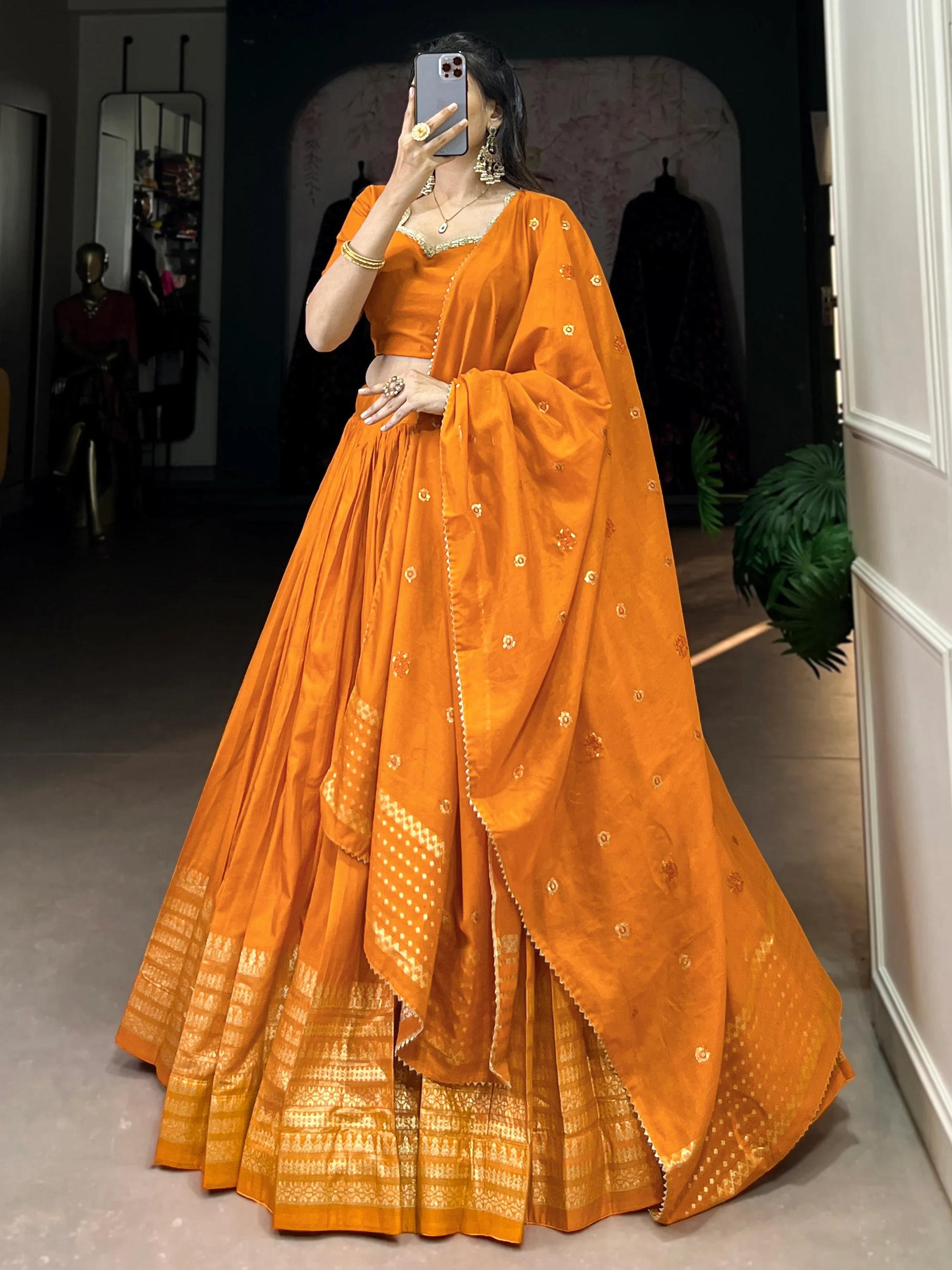 Fantastic Orange Chanderi Festival Wear Lehenga Choli With Dupatta - Zeel Clothing