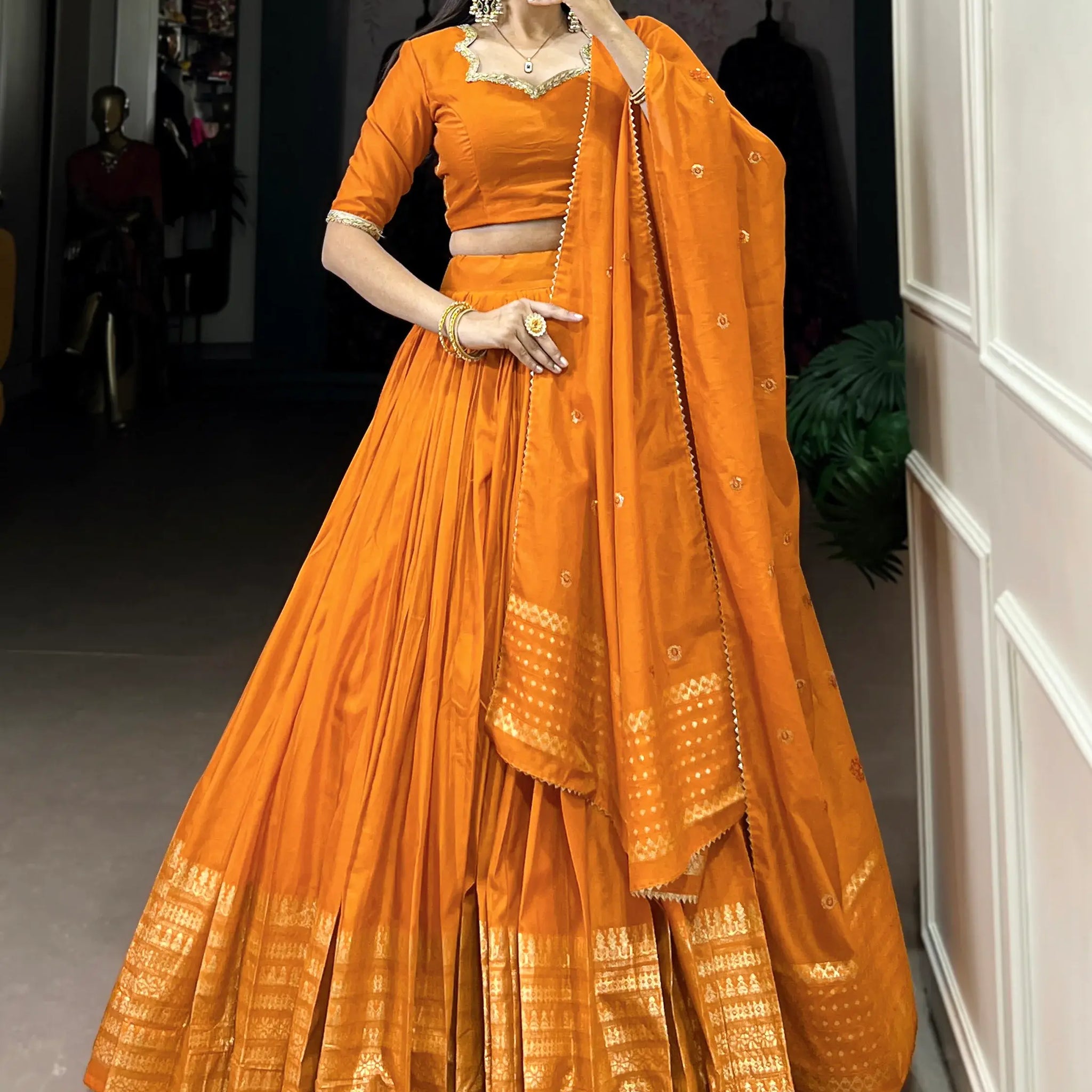 Fantastic Orange Chanderi Festival Wear Lehenga Choli With Dupatta - Zeel Clothing