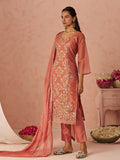 Fantastic Peach Floral Embroidery Organza Festive Wear Straight Pant Suit With Dupatta