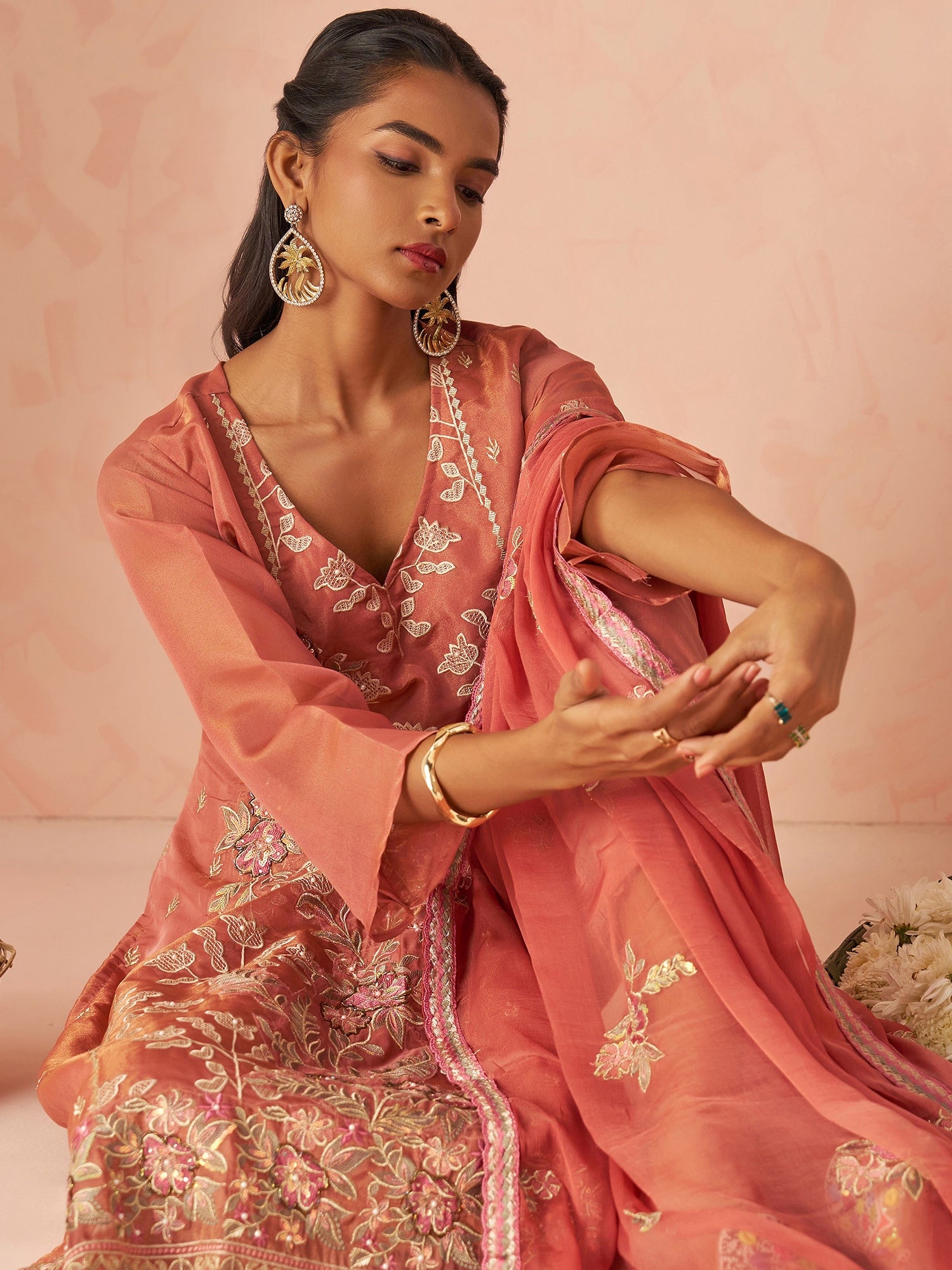 Fantastic Peach Floral Embroidery Organza Festive Wear Straight Pant Suit With Dupatta