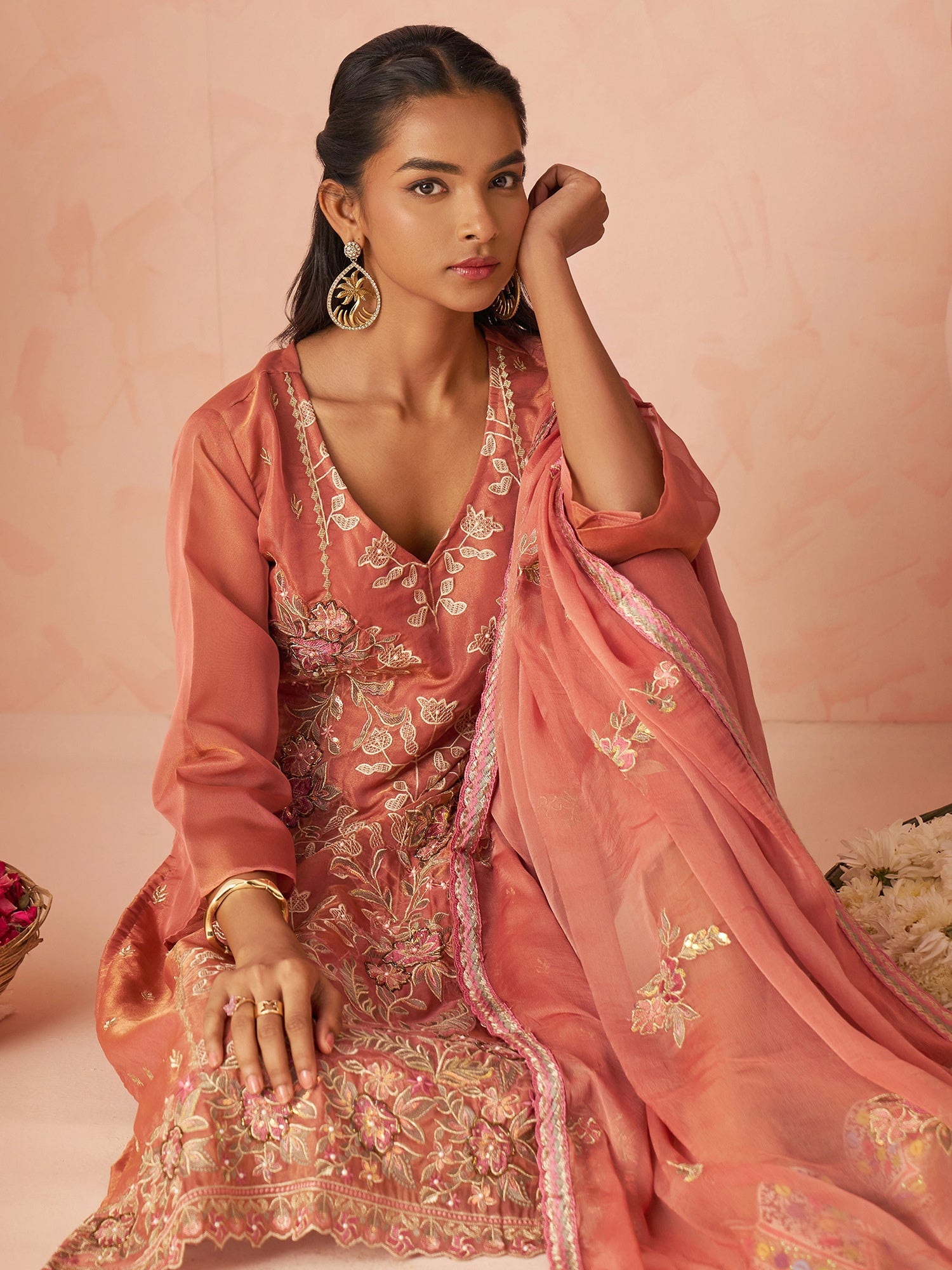 Fantastic Peach Floral Embroidery Organza Festive Wear Straight Pant Suit With Dupatta