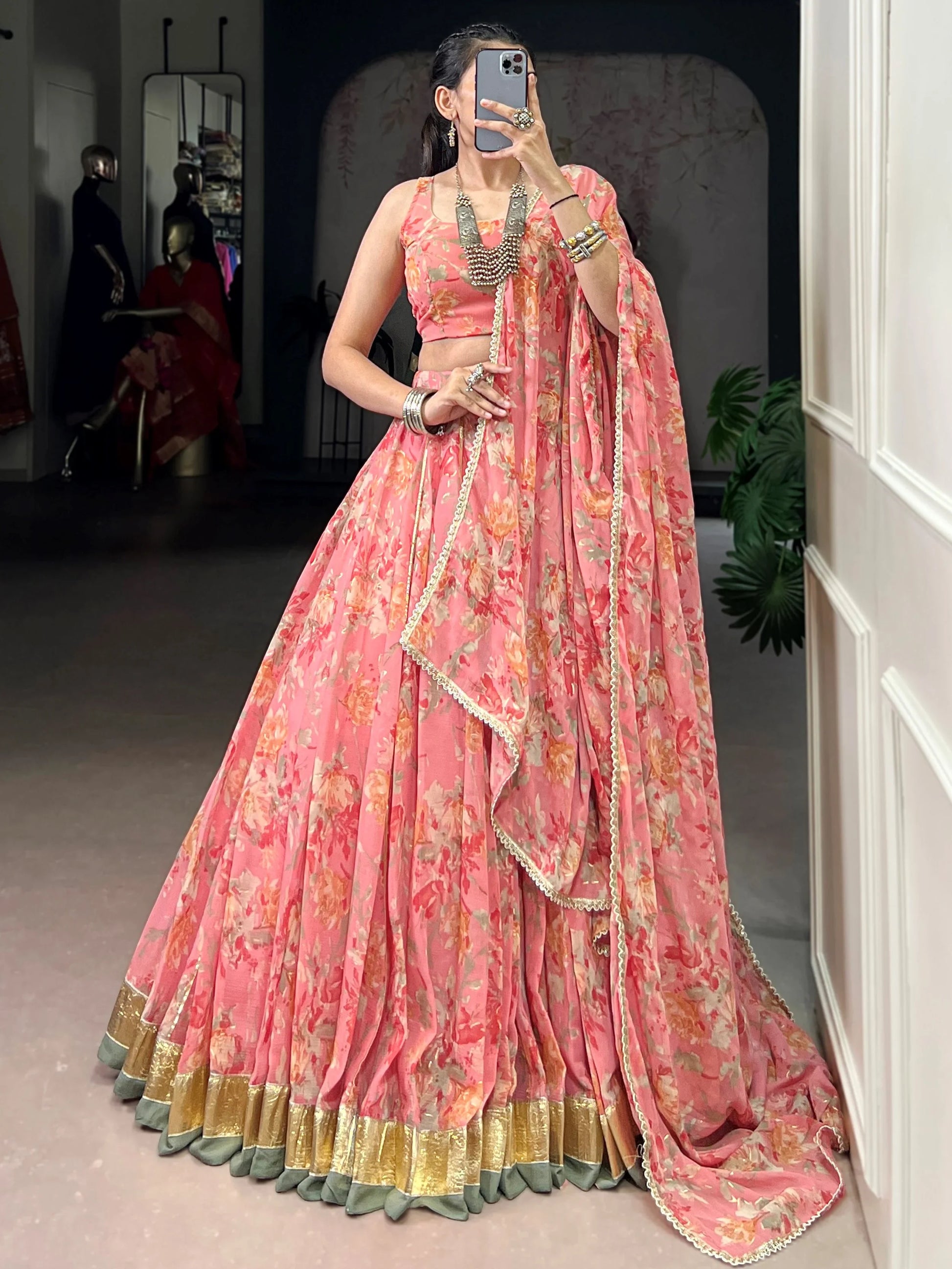 Fantastic Peach Foil Work Chiffon Bridesmaid Lehenga Choli With Dupatta