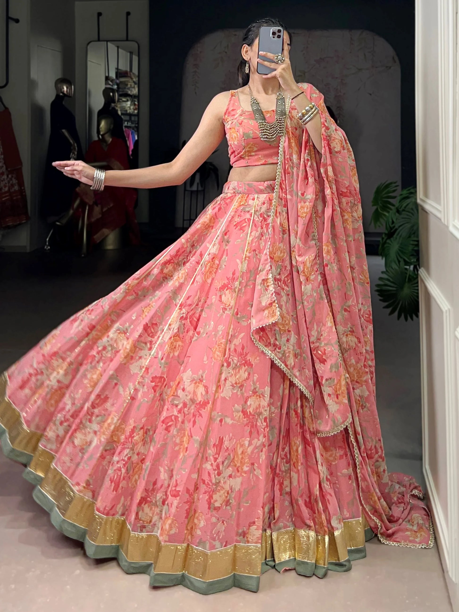Fantastic Peach Foil Work Chiffon Bridesmaid Lehenga Choli With Dupatta