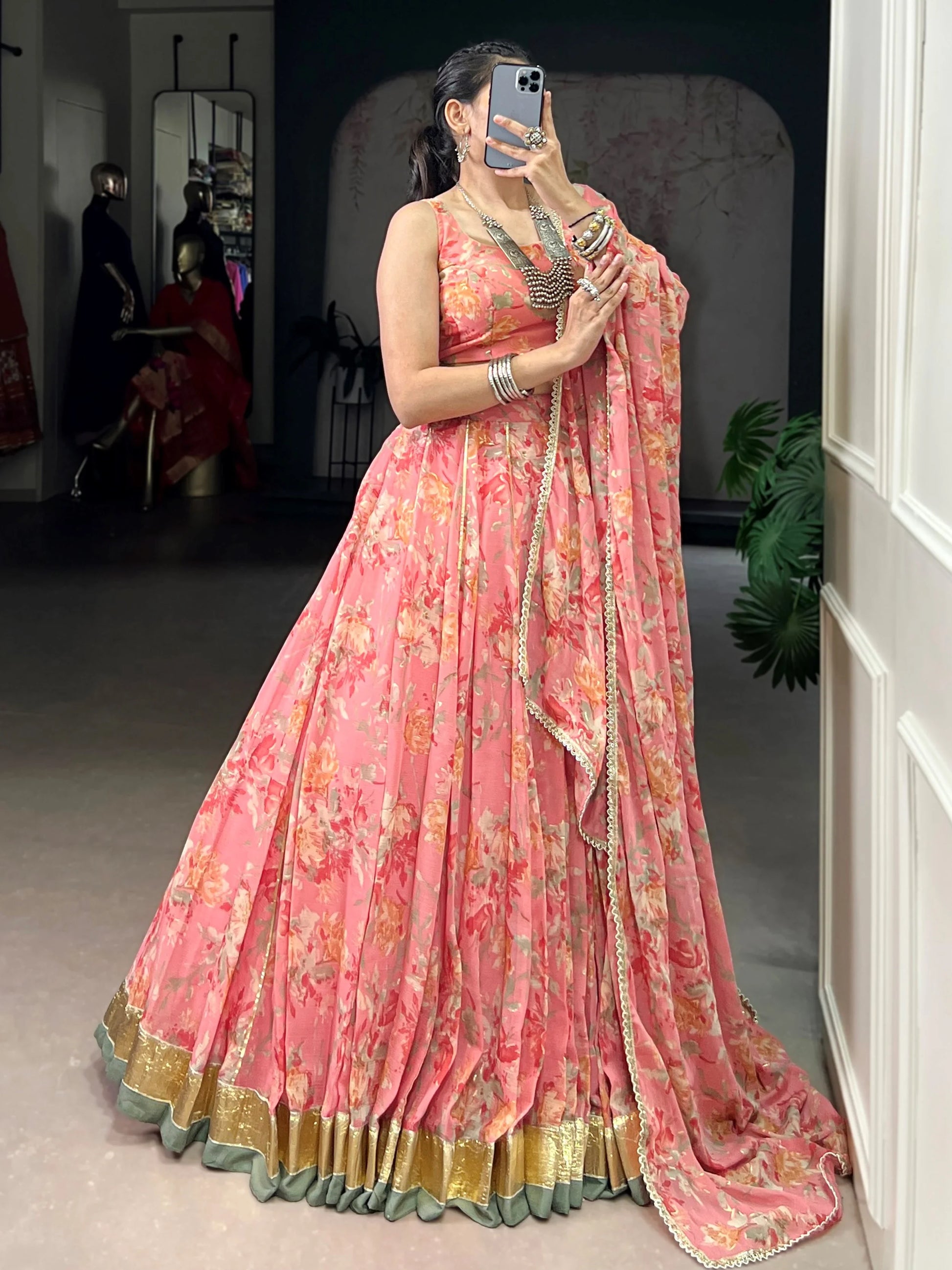 Fantastic Peach Foil Work Chiffon Bridesmaid Lehenga Choli With Dupatta