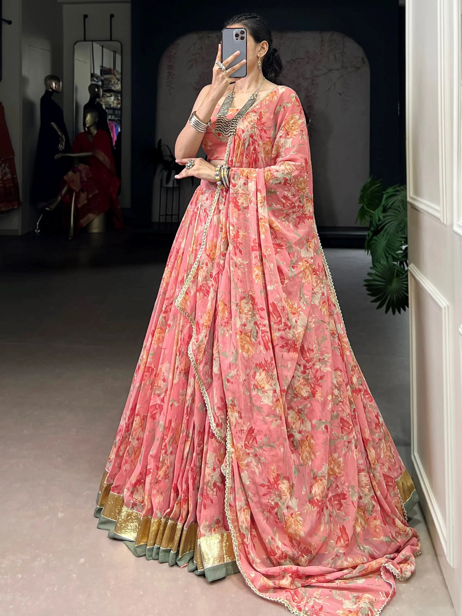 Fantastic Peach Foil Work Chiffon Bridesmaid Lehenga Choli With Dupatta