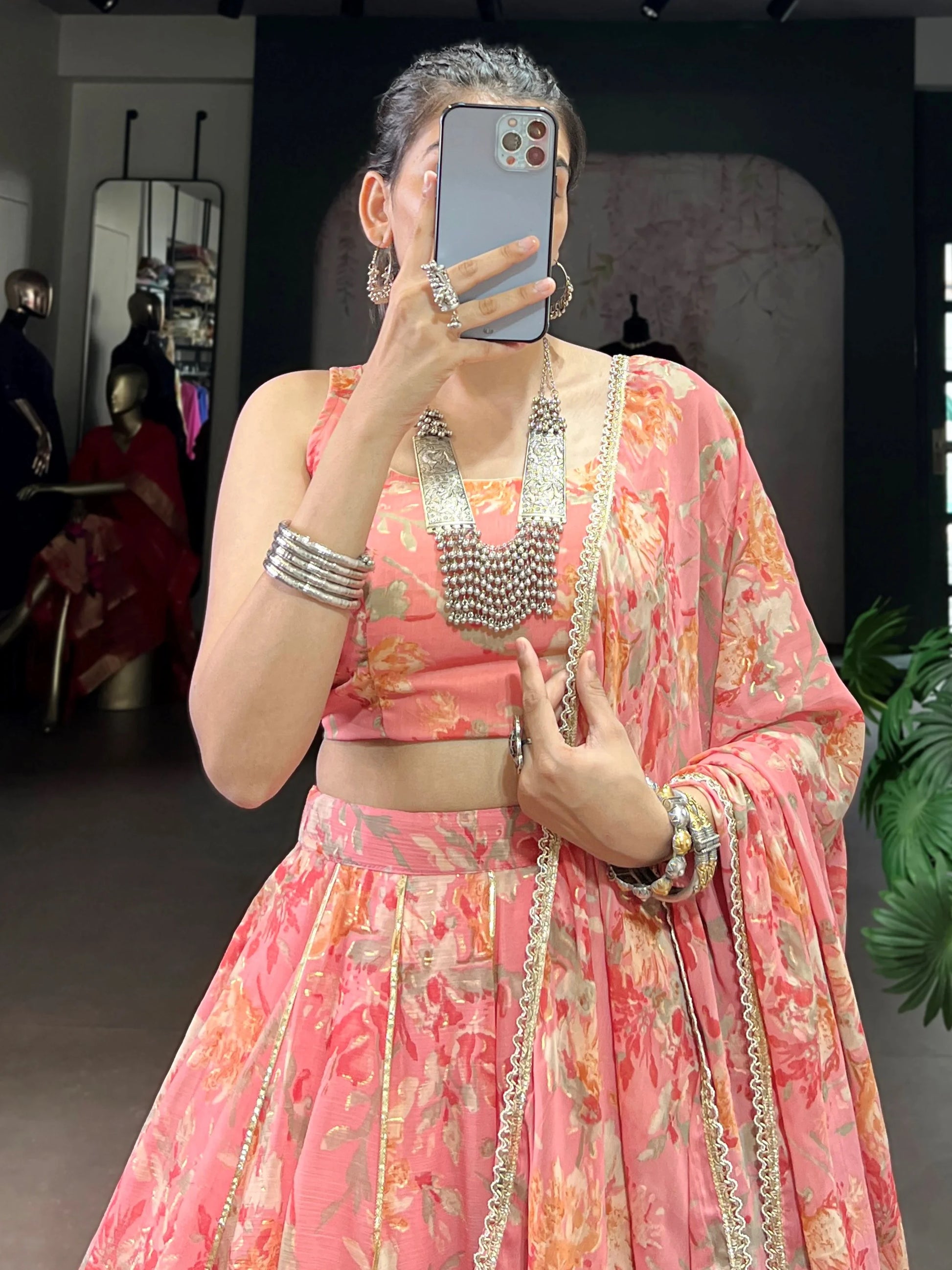 Fantastic Peach Foil Work Chiffon Bridesmaid Lehenga Choli With Dupatta